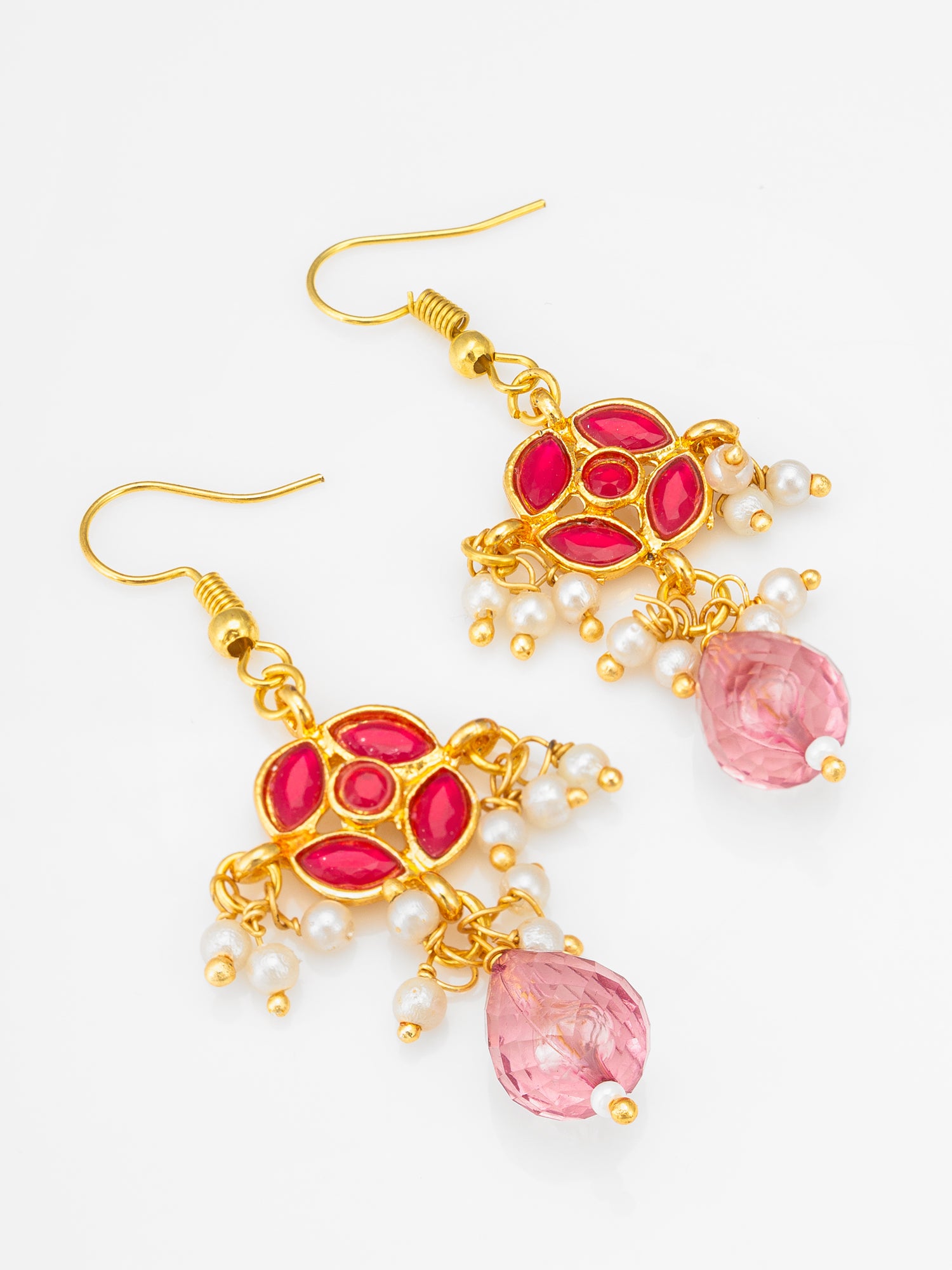 Gold-Toned Floral Earrings with Pearl Dangles and Pink Crystal Drop | Aadita Jewelry