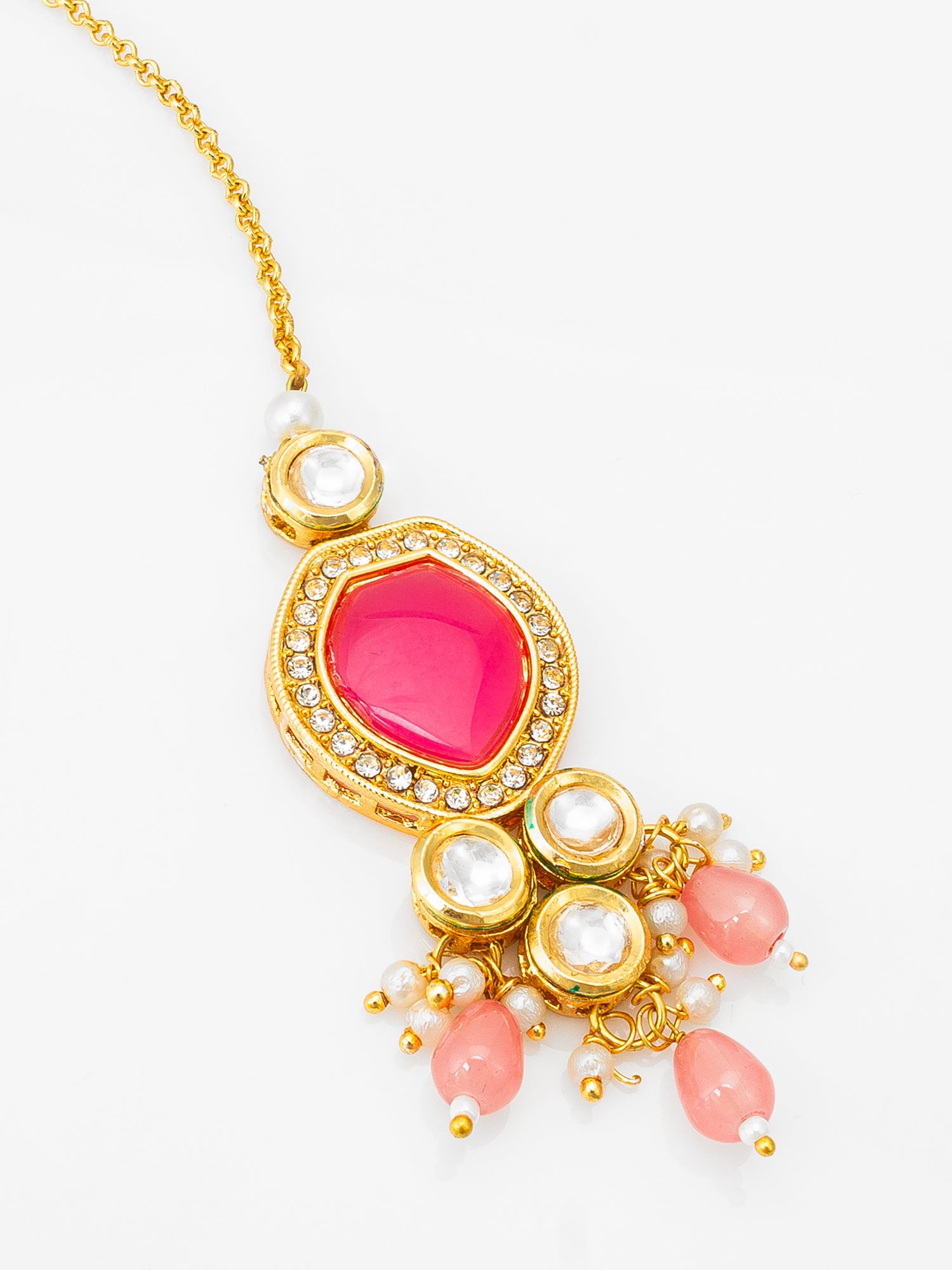 Gold-Plated Pink Kundan Maang Tikka with Crystal Bead Drops – View 3 | Aadita Jewelry
