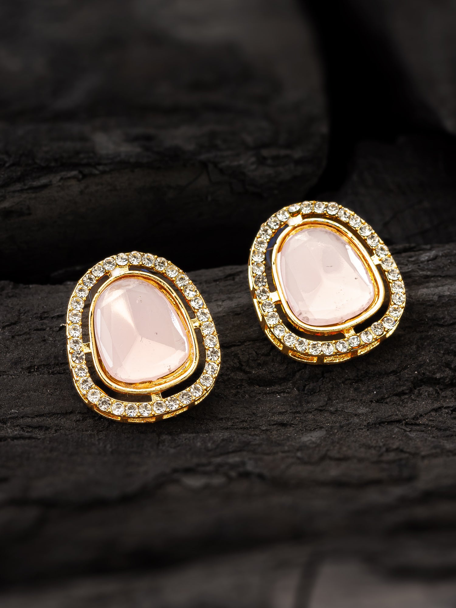 Premium Pink Stone and Crystal Stud Earrings – View 5 | Aadita Jewelry