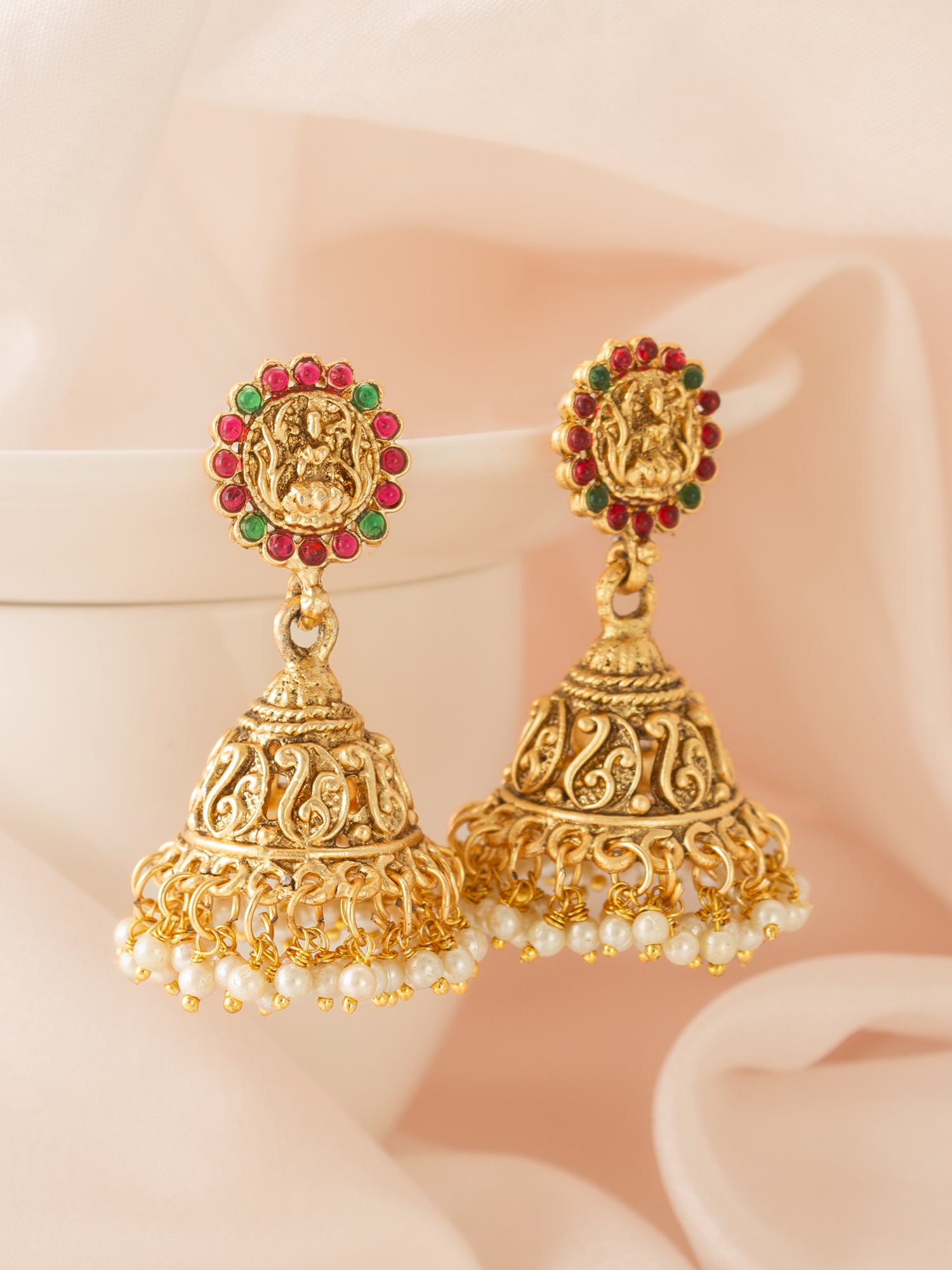 Classic Stone Bordered Deity Jhumka Earrings – View 4 | Aadita Jewelry