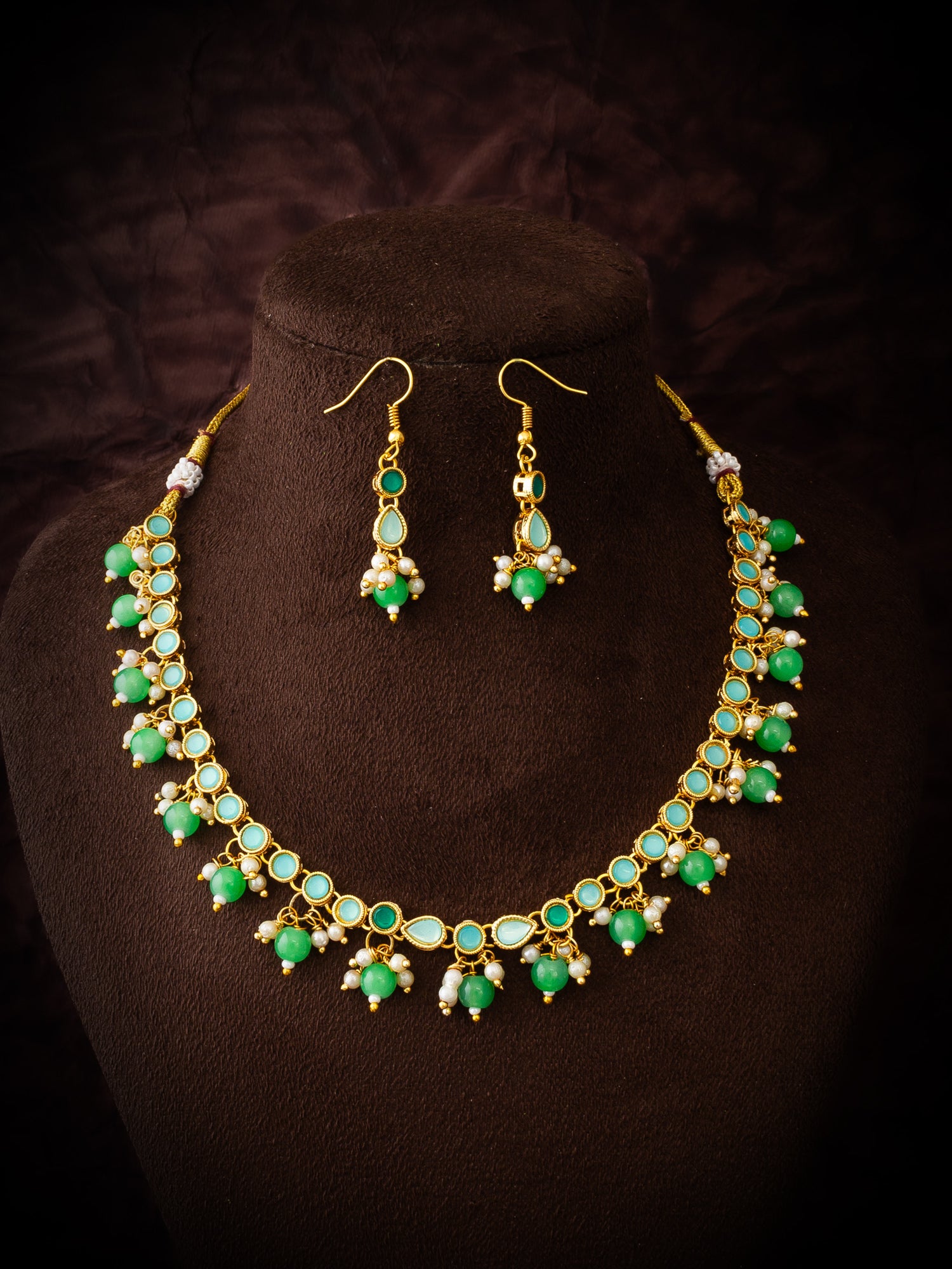 Green Beaded Kundan Necklace Set with Earrings for Women – View 4 | Aadita Jewelry