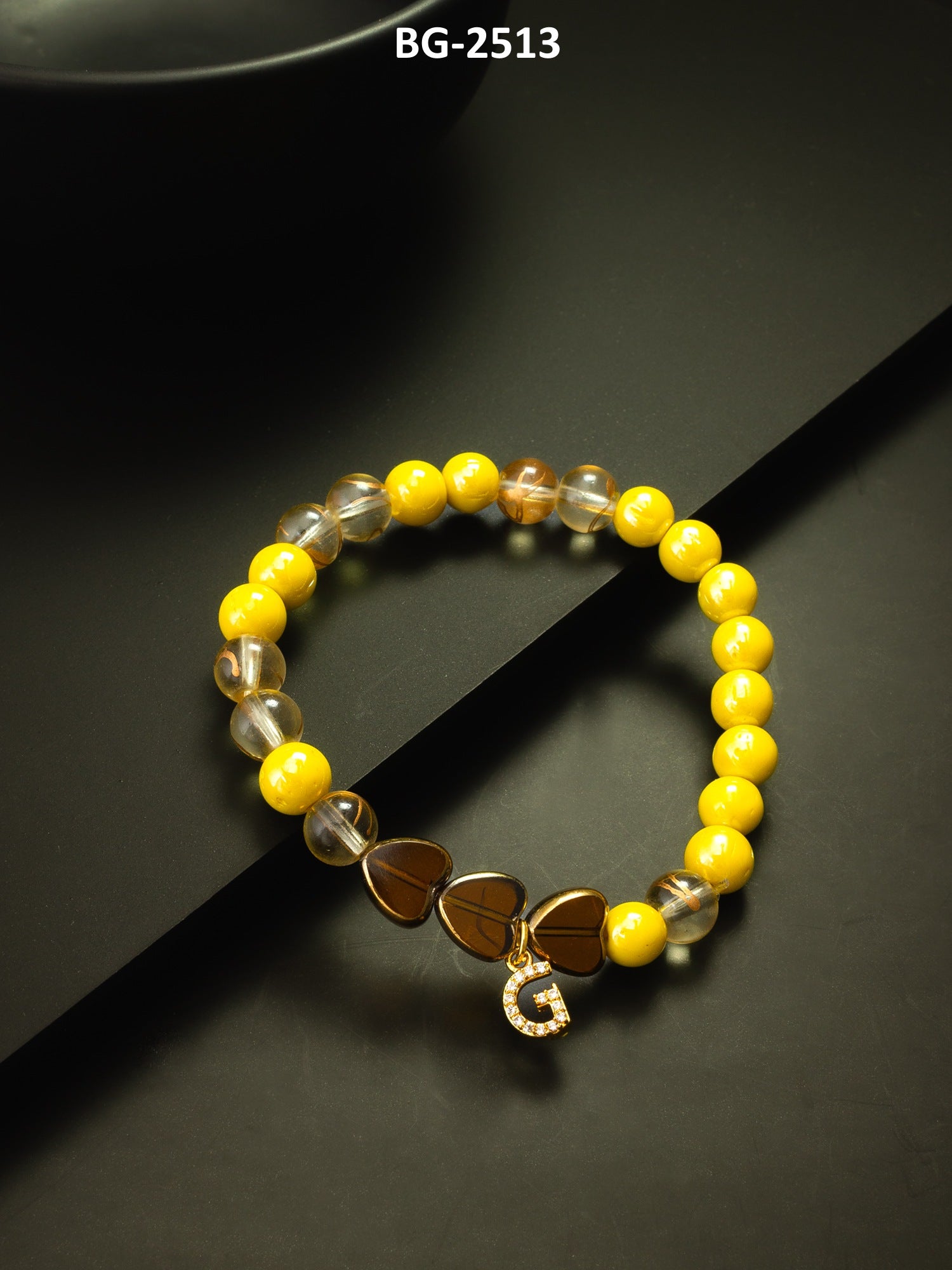 Yellow Beaded Bracelet with Letter Charm – View 4 | Aadita Jewelry