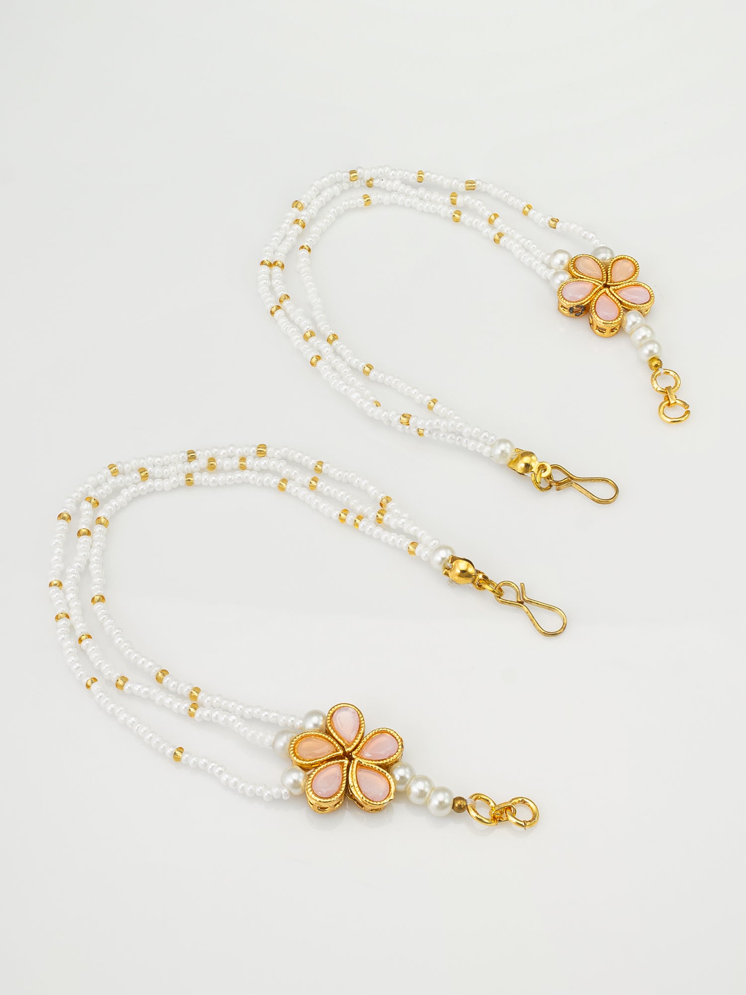 Gold-Tone Floral Kundan Ear Chain with Multi-Strand Pearl and Gold Bead Detailing – View 3 | Aadita Jewelry