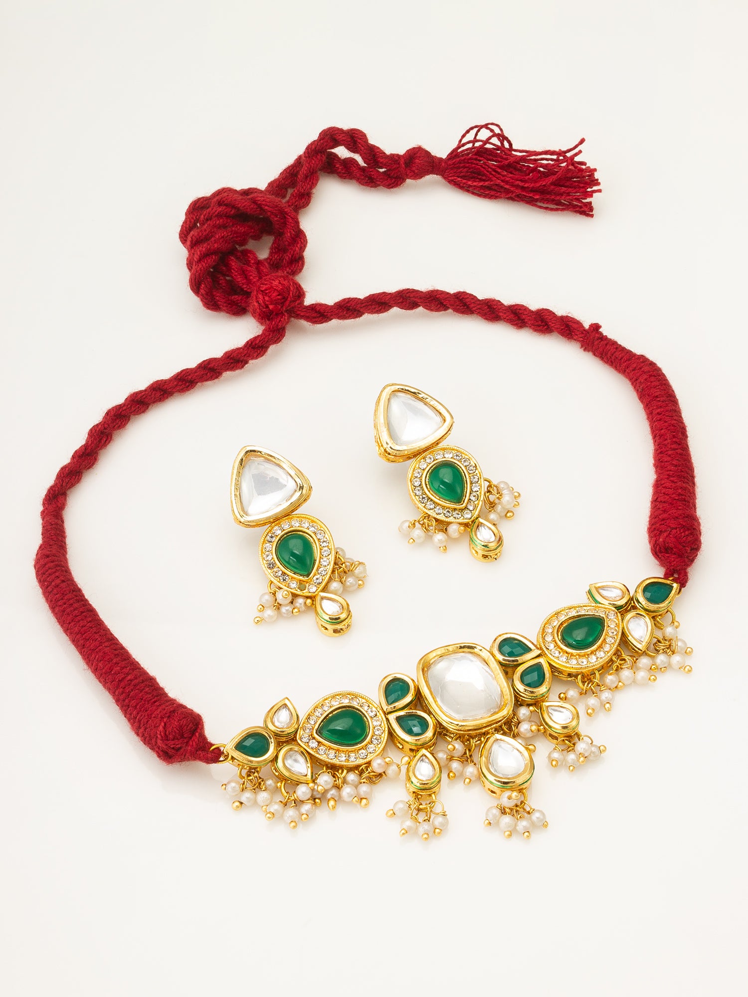 Green Kundan Designer Choker Necklace Set with Drop Earrings | Aadita Jewelry