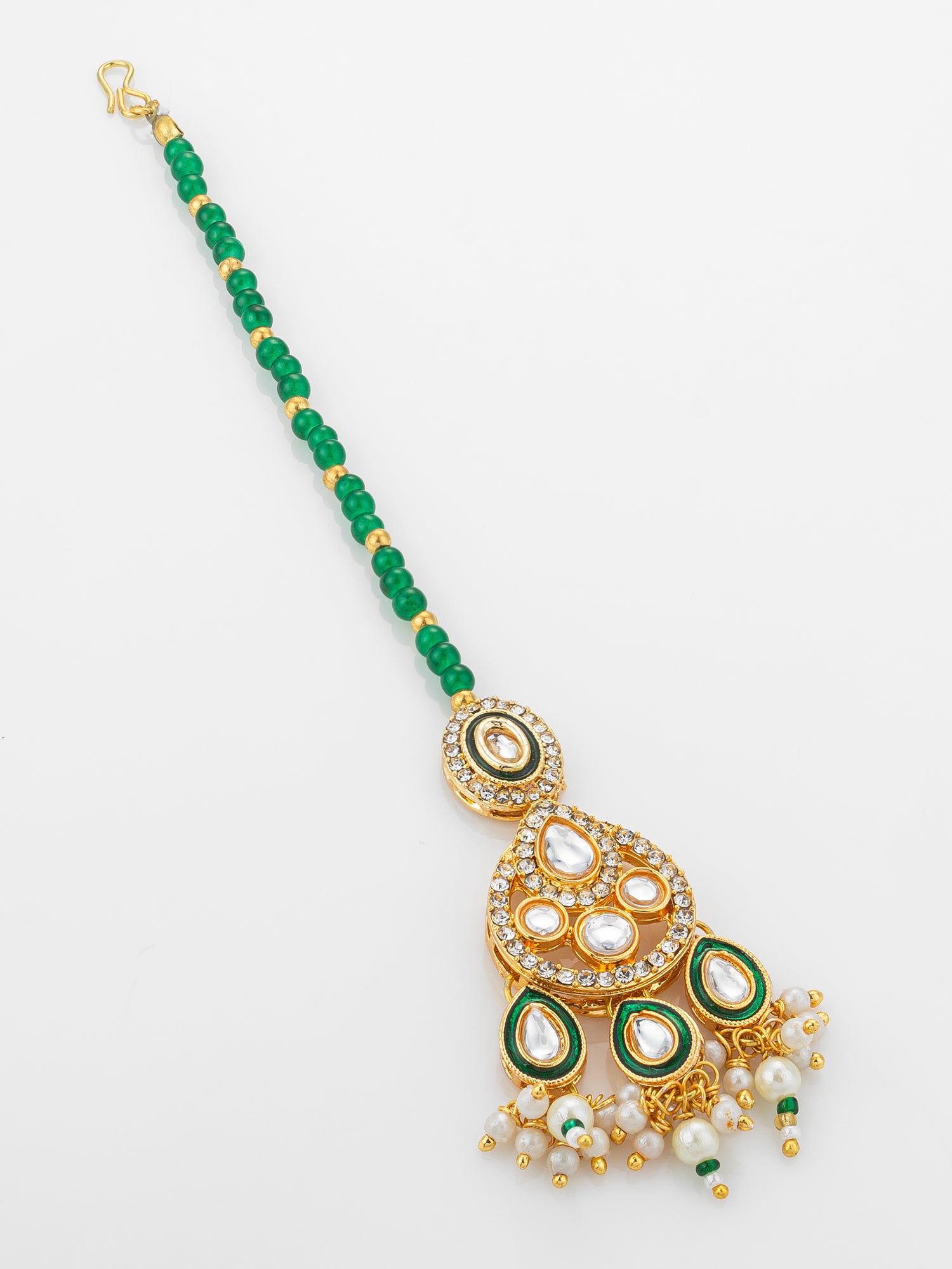 Aadita Gold Plated Kundan Chandbali-Style Mangtika with Green Bead Chain and Pearl Drops – View 2 | Aadita Jewelry