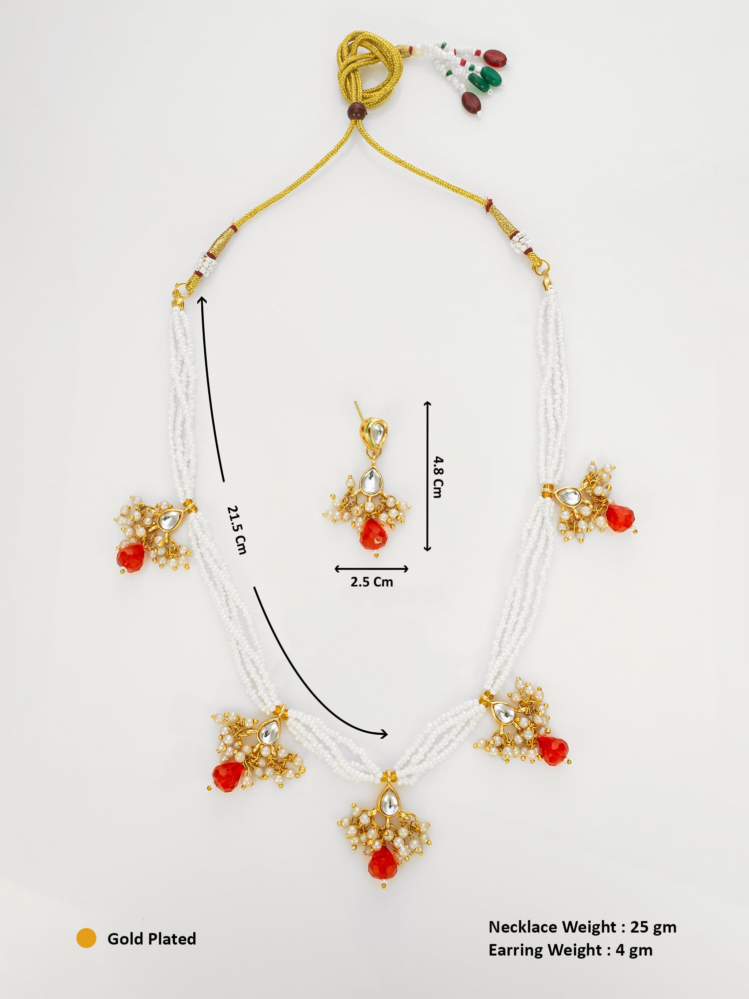 Gold Plated Multistrand Beaded Necklace Set with Kundan and Red Drop Stones – View 5 | Aadita Jewelry