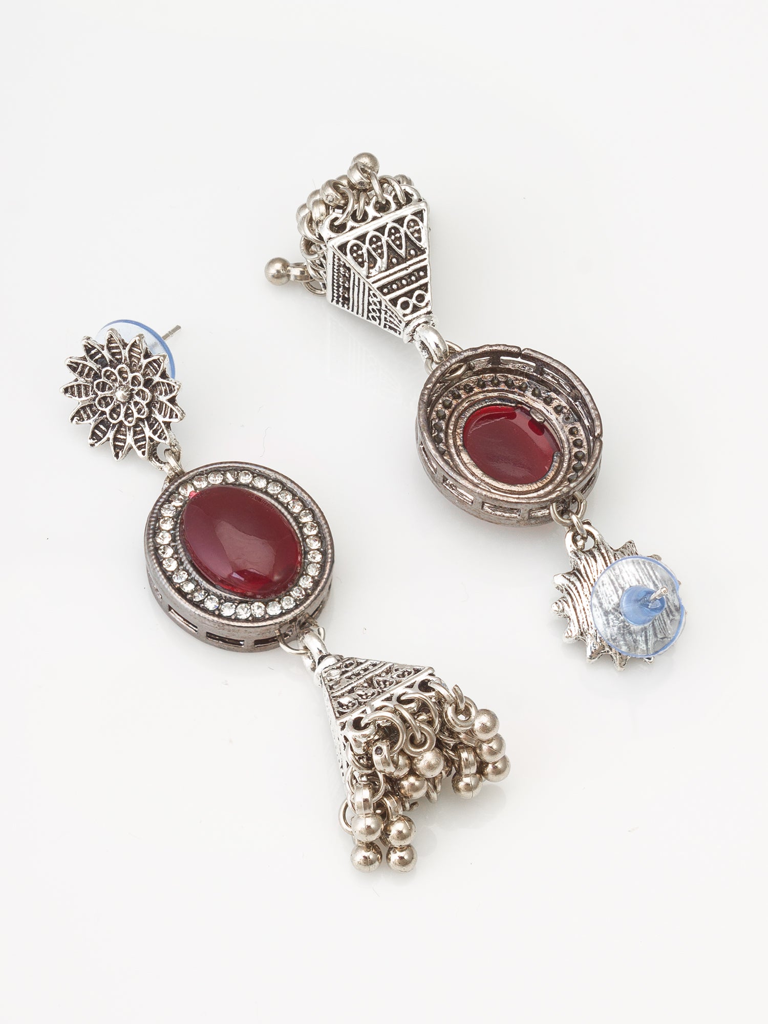 Oxidized Silver Jhumka Earrings with Stone – View 2 | Aadita Jewelry