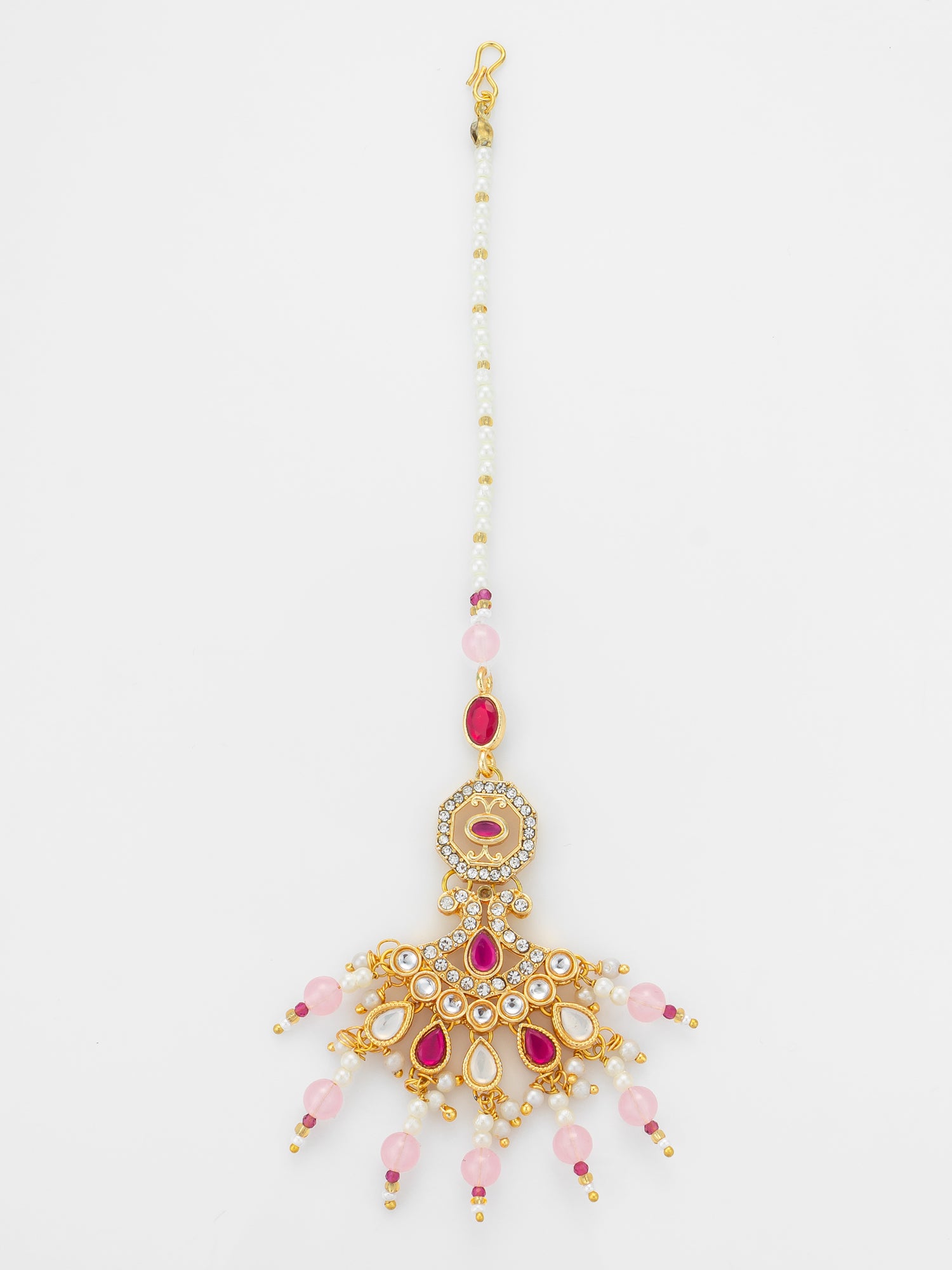 Aadita Gold Plated Kundan Mangtika with Pink Bead Chain and Rose Quartz-Toned Drops | Aadita Jewelry