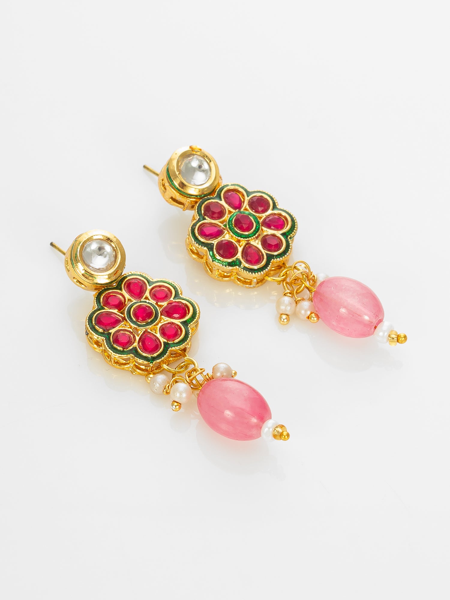 Gold Plated Kundan Floral Pink Beaded Necklace Set for Women – View 2 | Aadita Jewelry