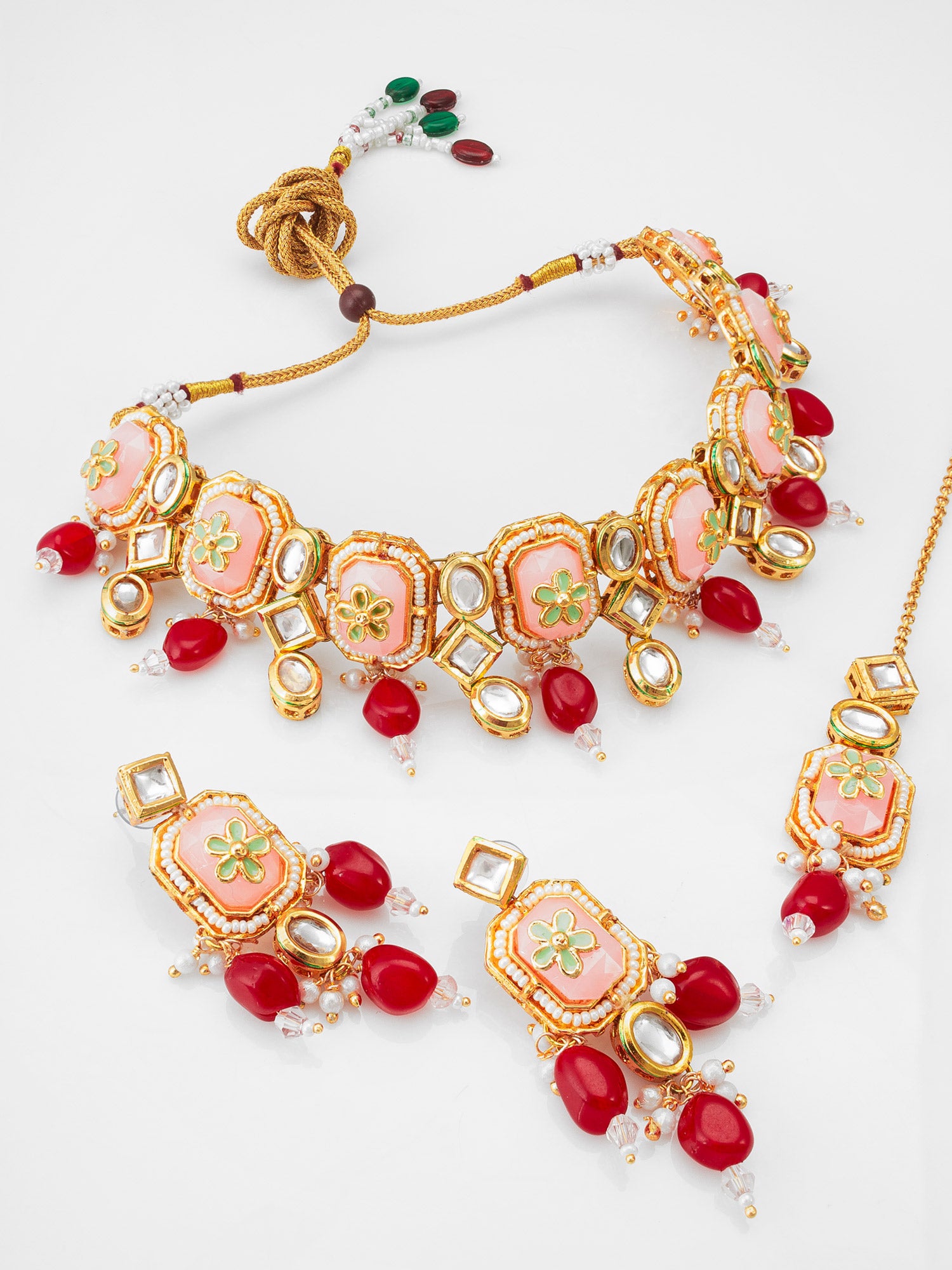 Peach Meenakari Kundan Choker Necklace Set with Flower Motif, Beads and Maang Tikka | Aadita Jewelry