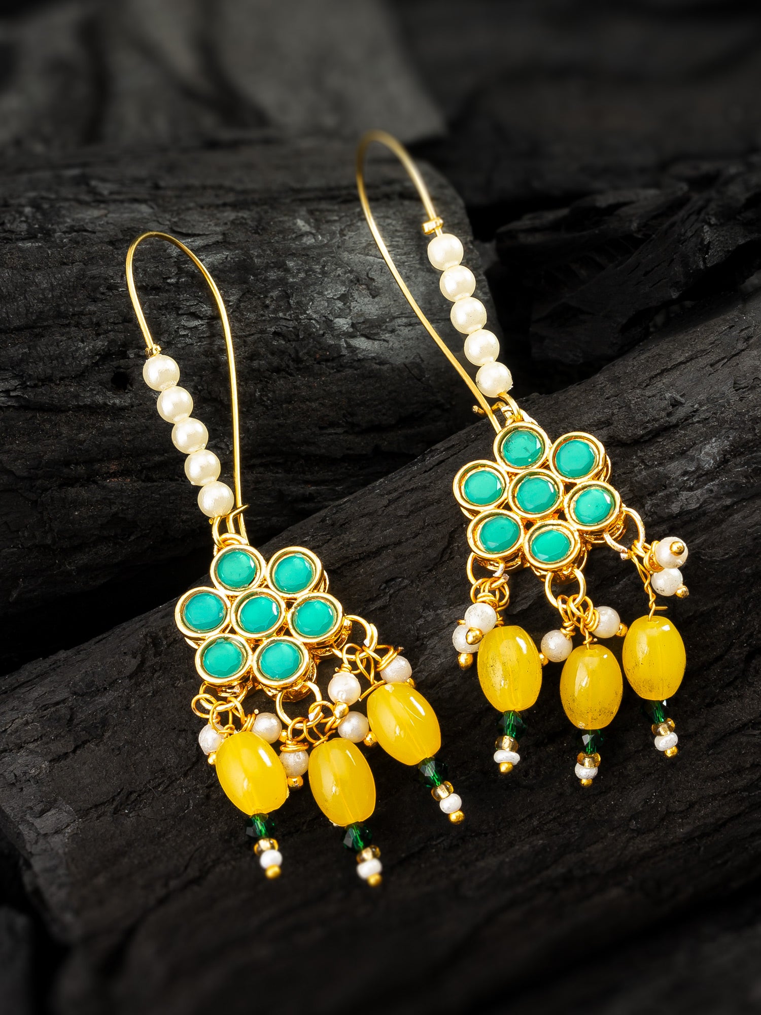 Long Hook Green Floral Earrings with Yellow Bead Clusters and Pearl Accents – View 5 | Aadita Jewelry