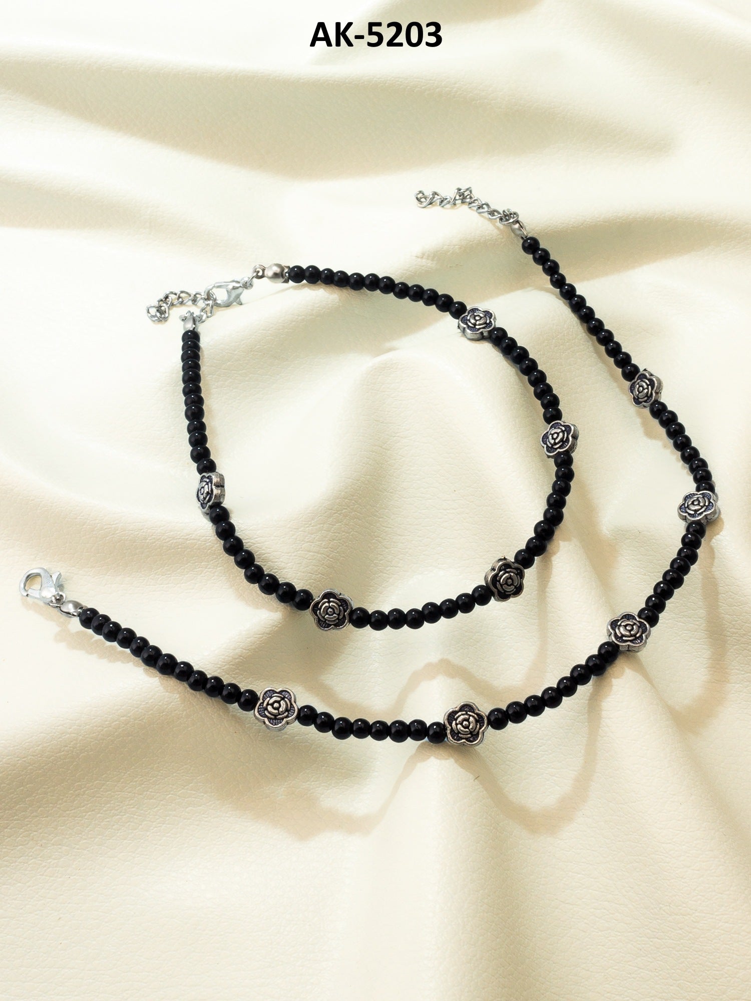Black Bead Floral Rose Oxidized Anklet Set – View 5 | Aadita Jewelry