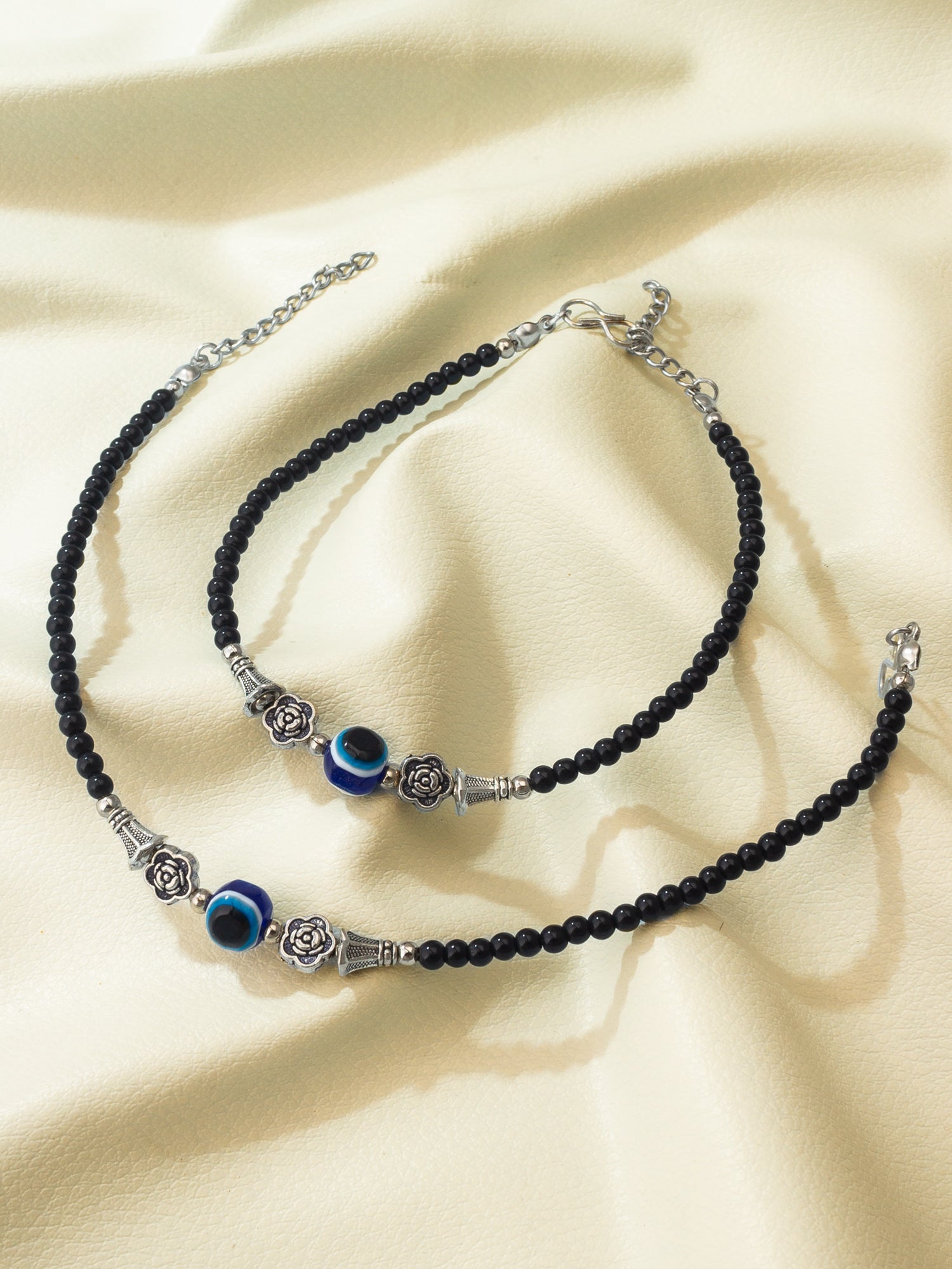 Black Round Bead and Oxidized Floral Charms Anklet – View 4 | Aadita Jewelry
