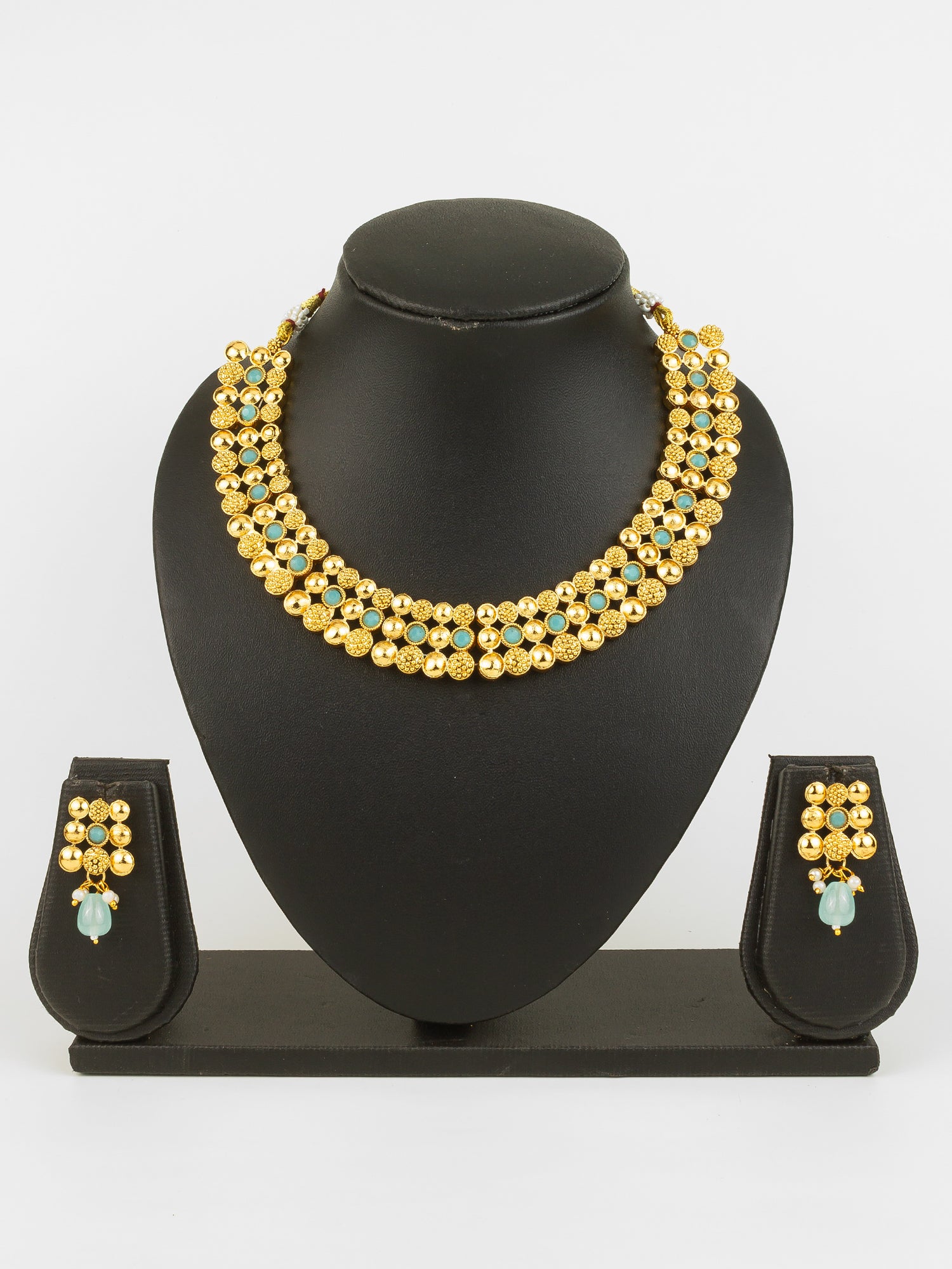 Gold Plated Mint Green Beaded Statement Necklace Set for Women – View 5 | Aadita Jewelry