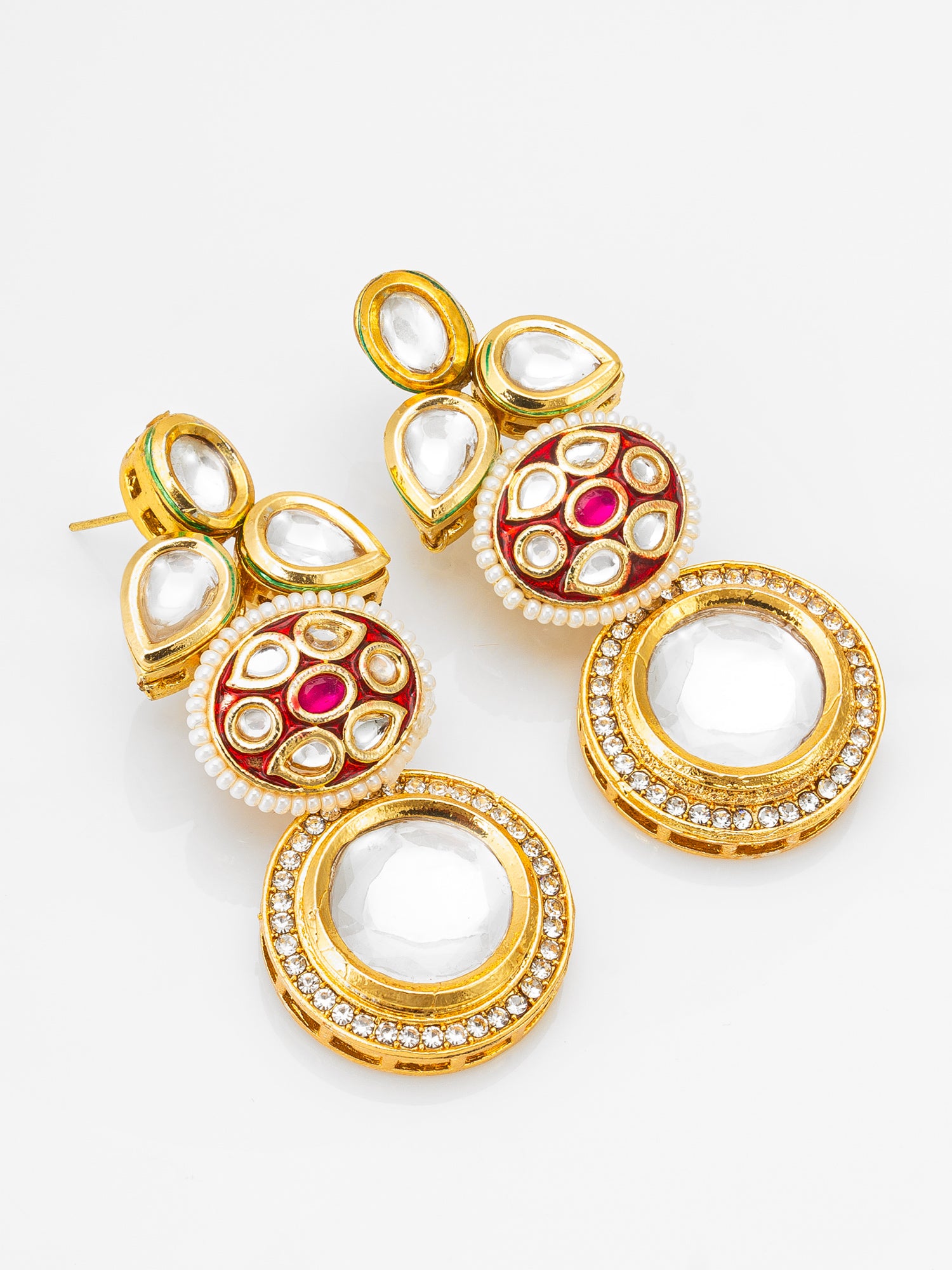 Gold-Plated Stone & Meenakari Circular Drop Earrings with Pearl | Aadita Jewelry
