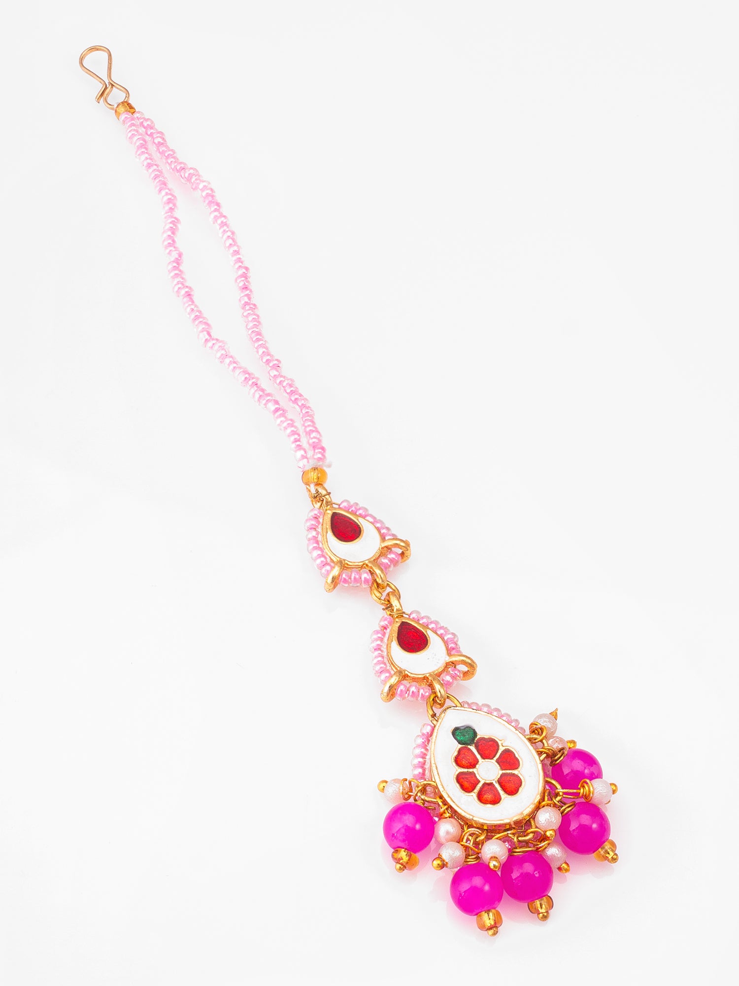Pink Kundan Beaded Maang Tikka with Faux Pearl Drops – View 2 | Aadita Jewelry