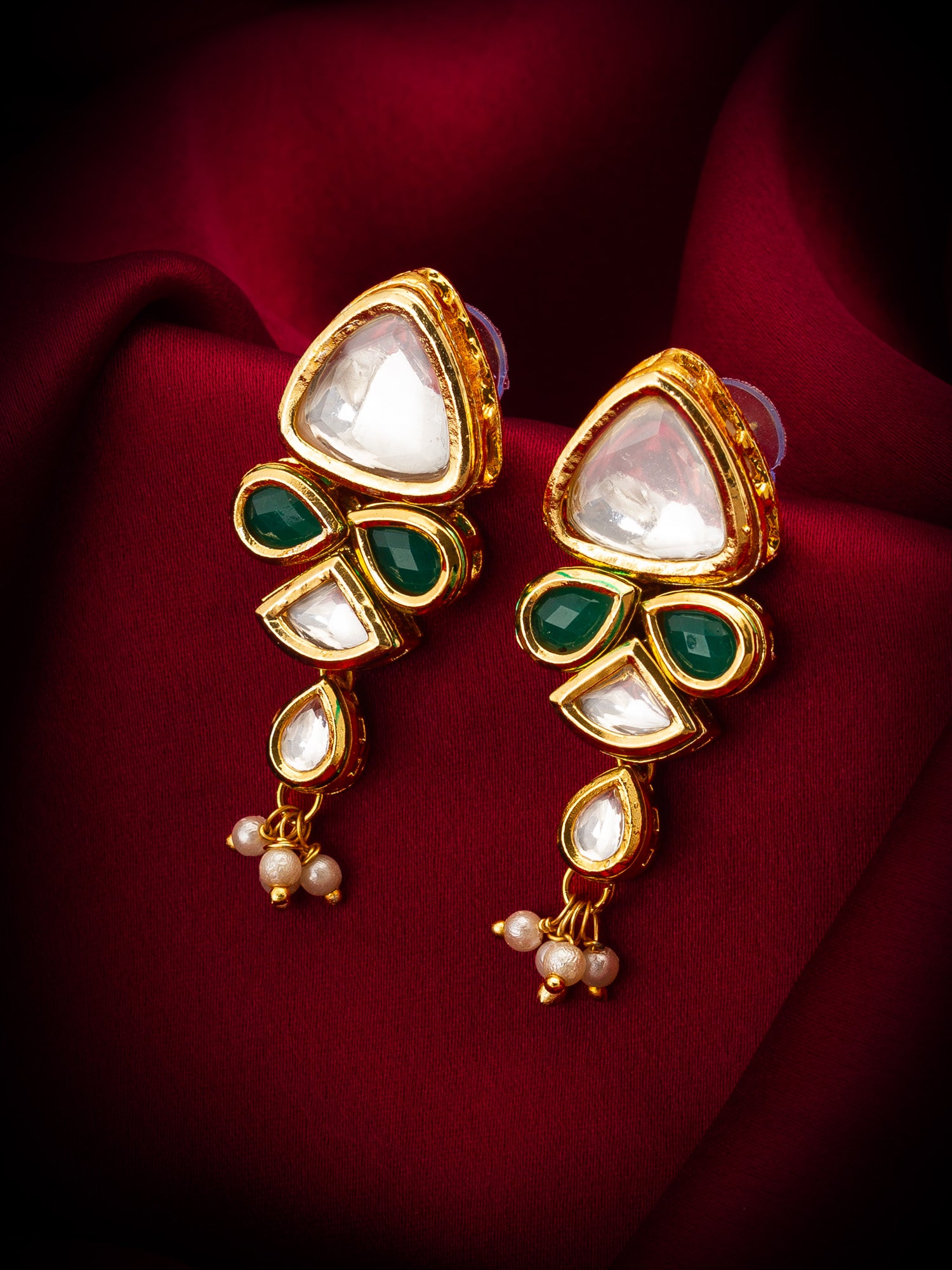 Gold-Toned Kundan and Green Stone Drop Earrings with Pearl – View 4 | Aadita Jewelry