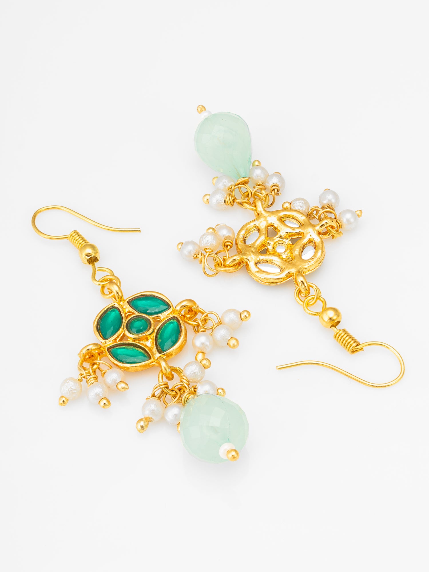 Green Floral Drop Earrings with Pearl Clusters – View 2 | Aadita Jewelry