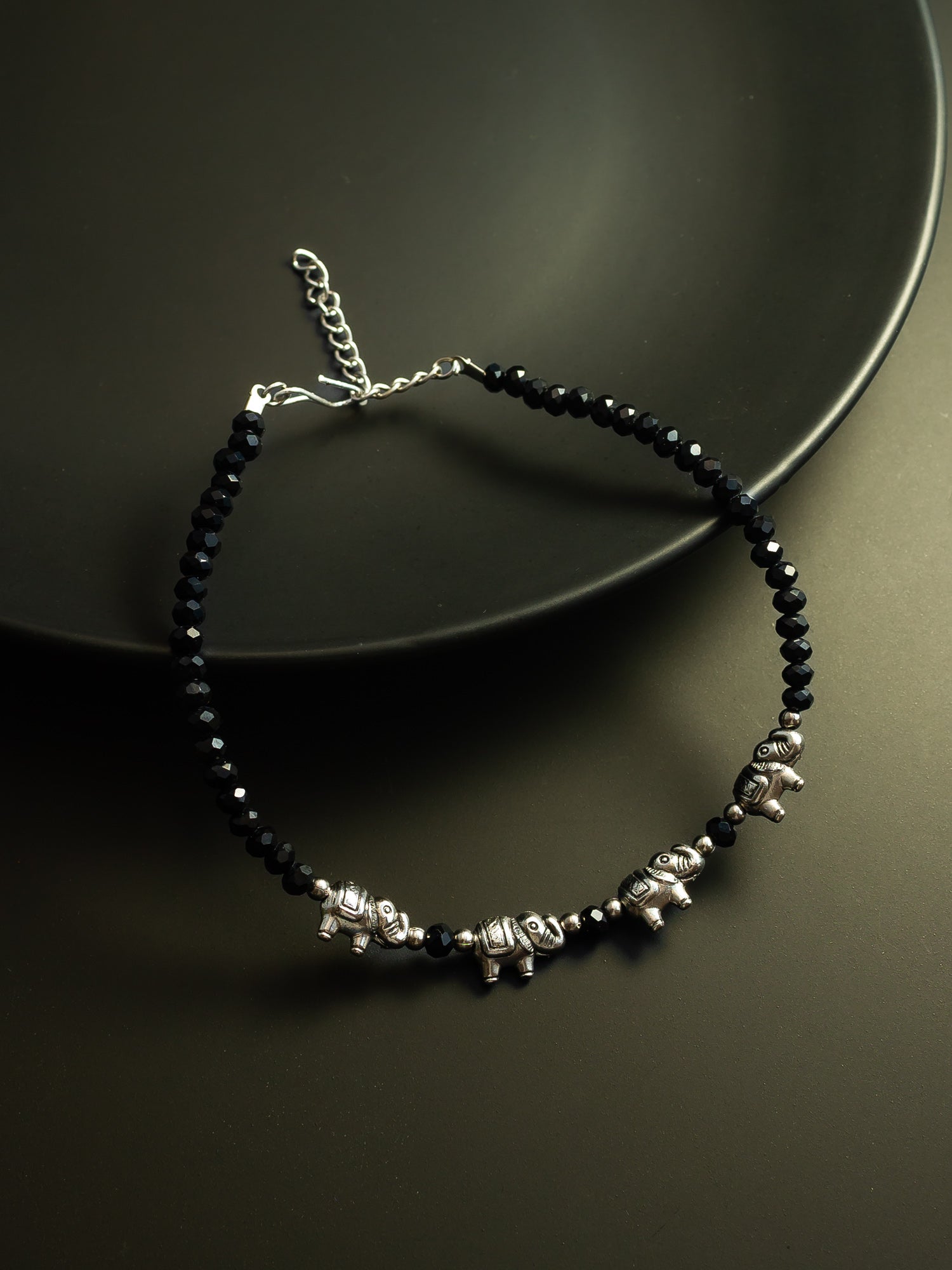 Silver Plated Elephant Charm Black Beaded Adjustable Anklet for Women & Girls – View 2 | Aadita Jewelry