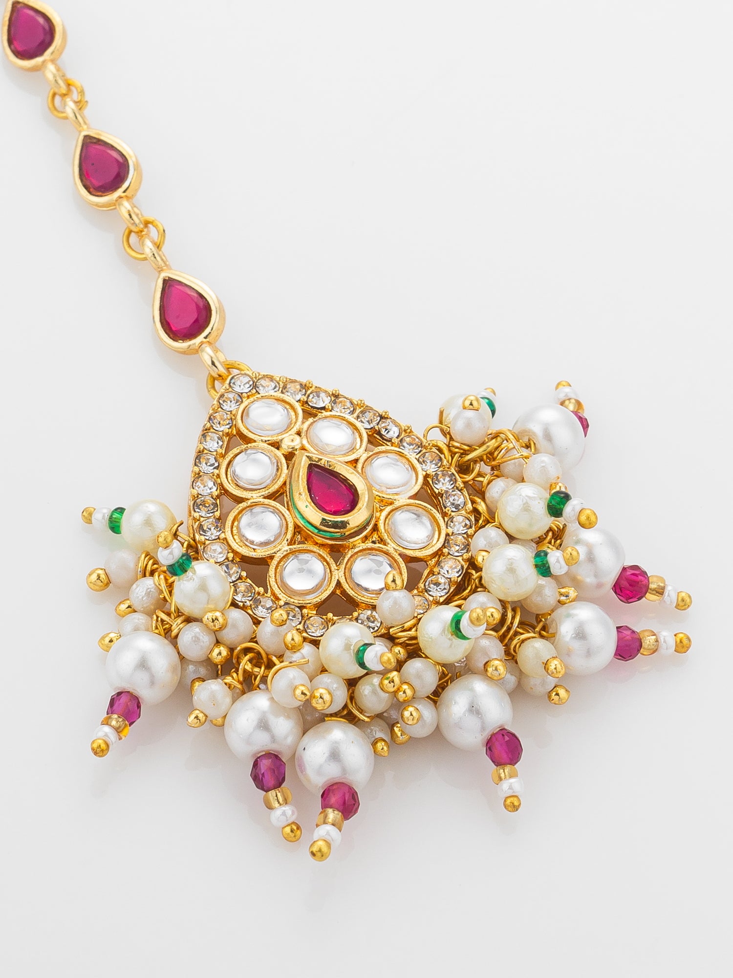 Aadita Gold Plated Ruby Teardrop Chain Mangtika with Kundan Triangle Pendant and Pearl Cluster Fringe – View 3 | Aadita Jewelry