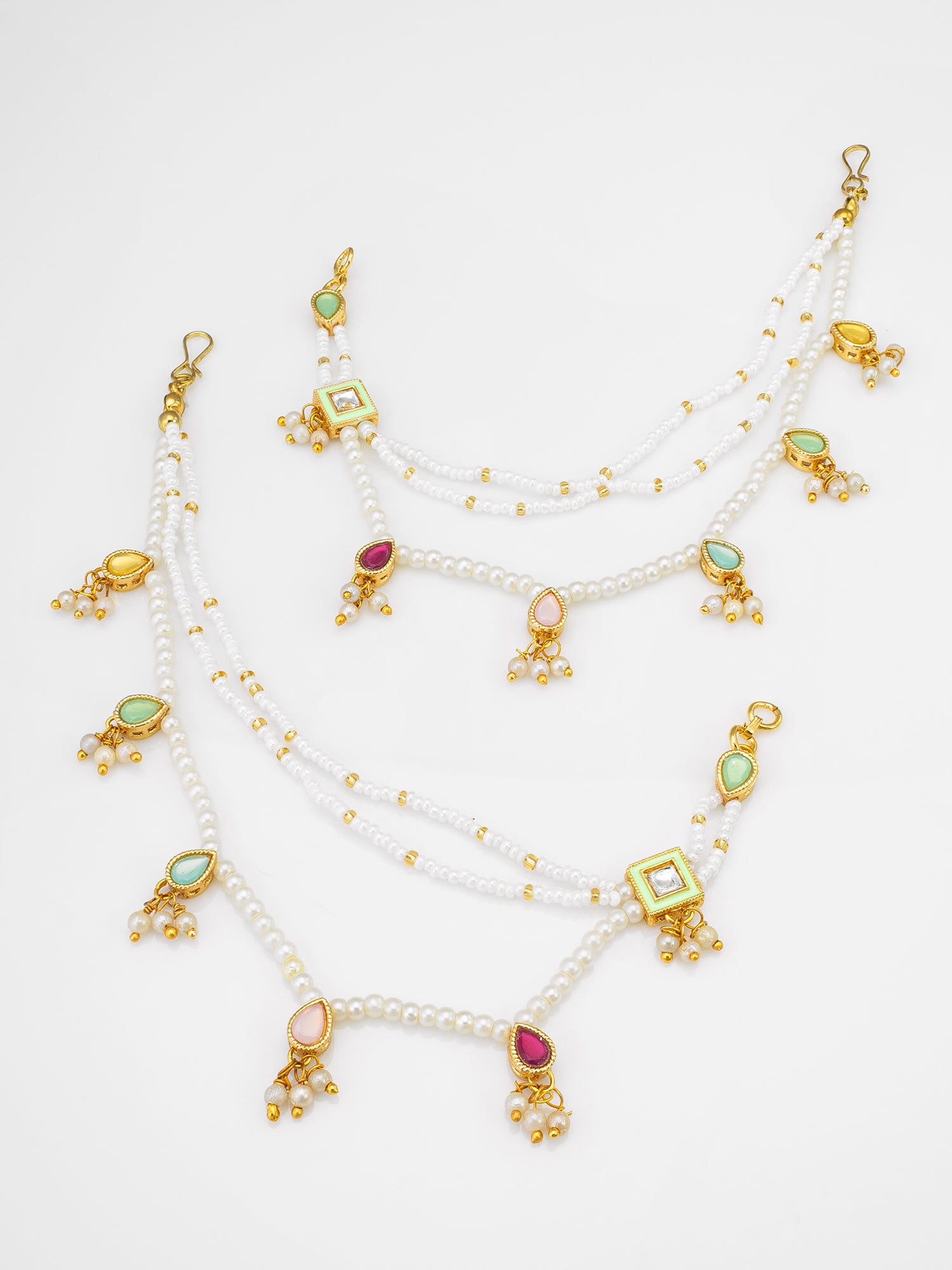 Pearl Seed Bead Ear Chain with Multicolor Kundan Teardrop and Square Pendants | Aadita Jewelry