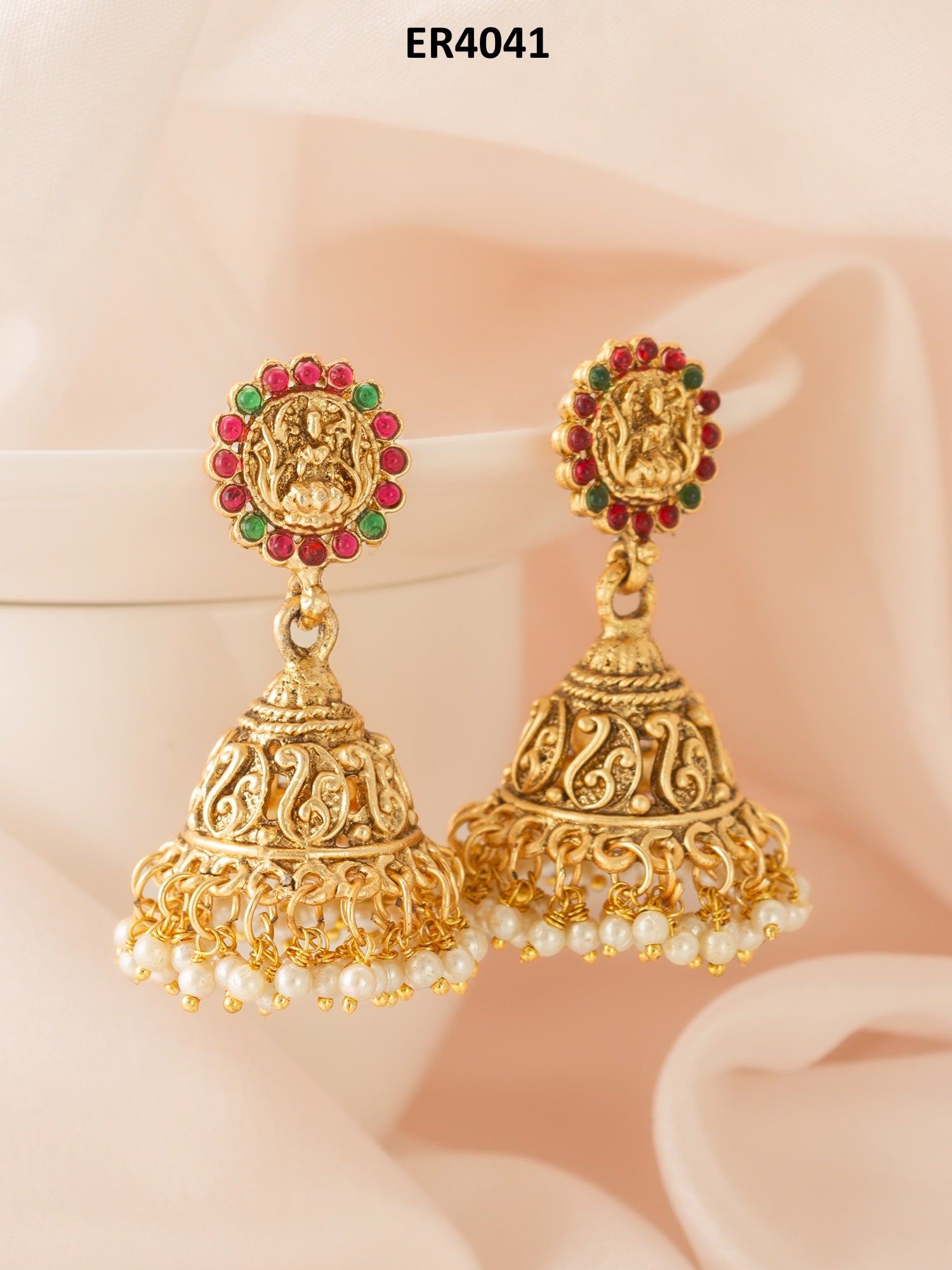 Classic Stone Bordered Deity Jhumka Earrings – View 5 | Aadita Jewelry