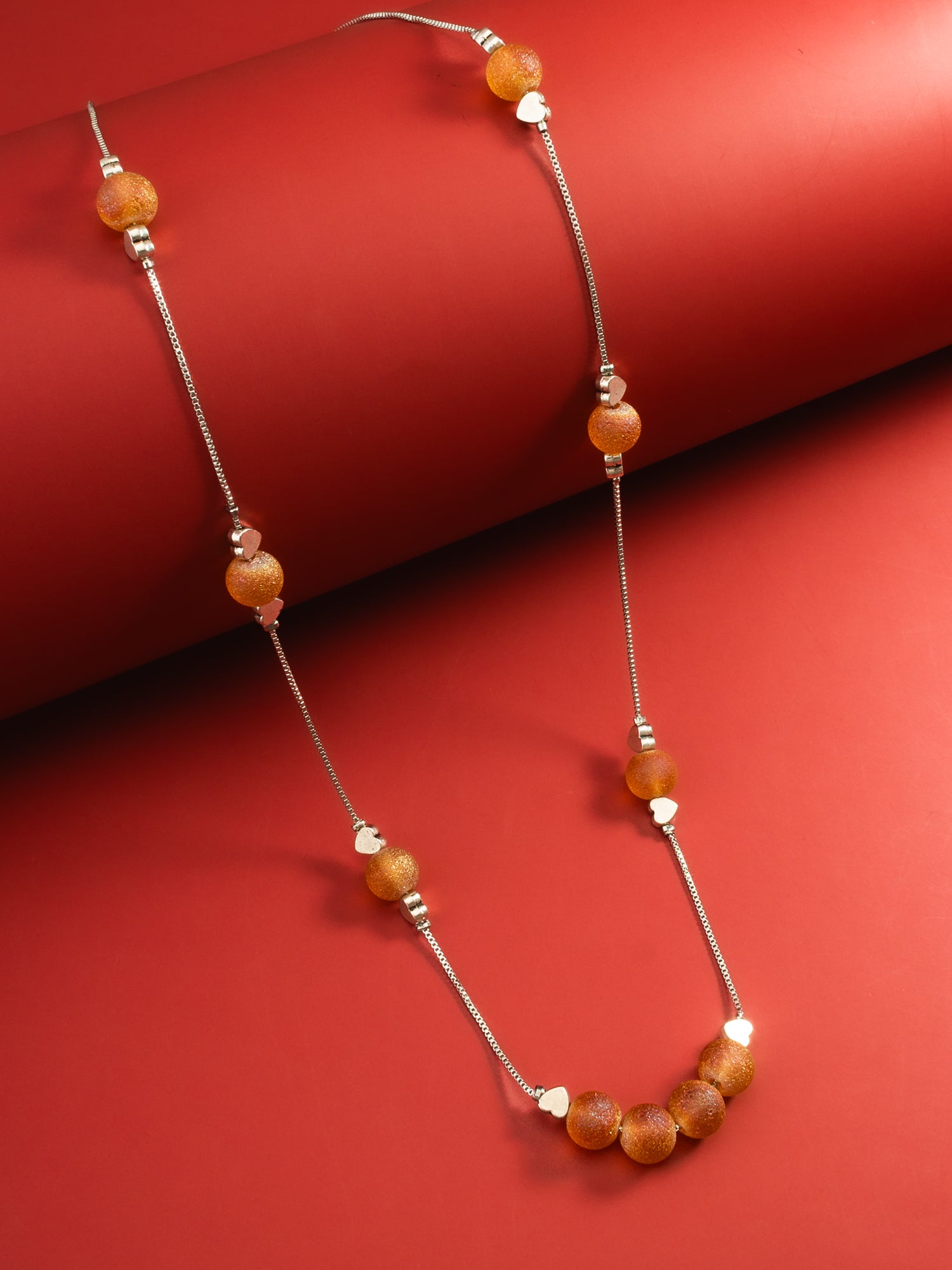 Matte Orange Druzy Bead Station Long Chain Necklace with Silver Spacers – View 3 | Aadita Jewelry