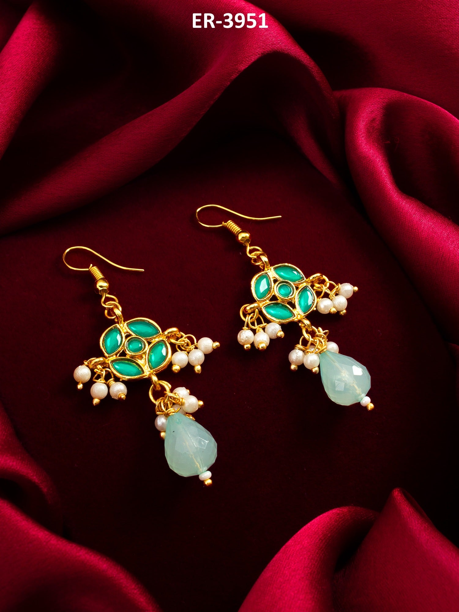 Green Floral Drop Earrings with Pearl Clusters – View 5 | Aadita Jewelry