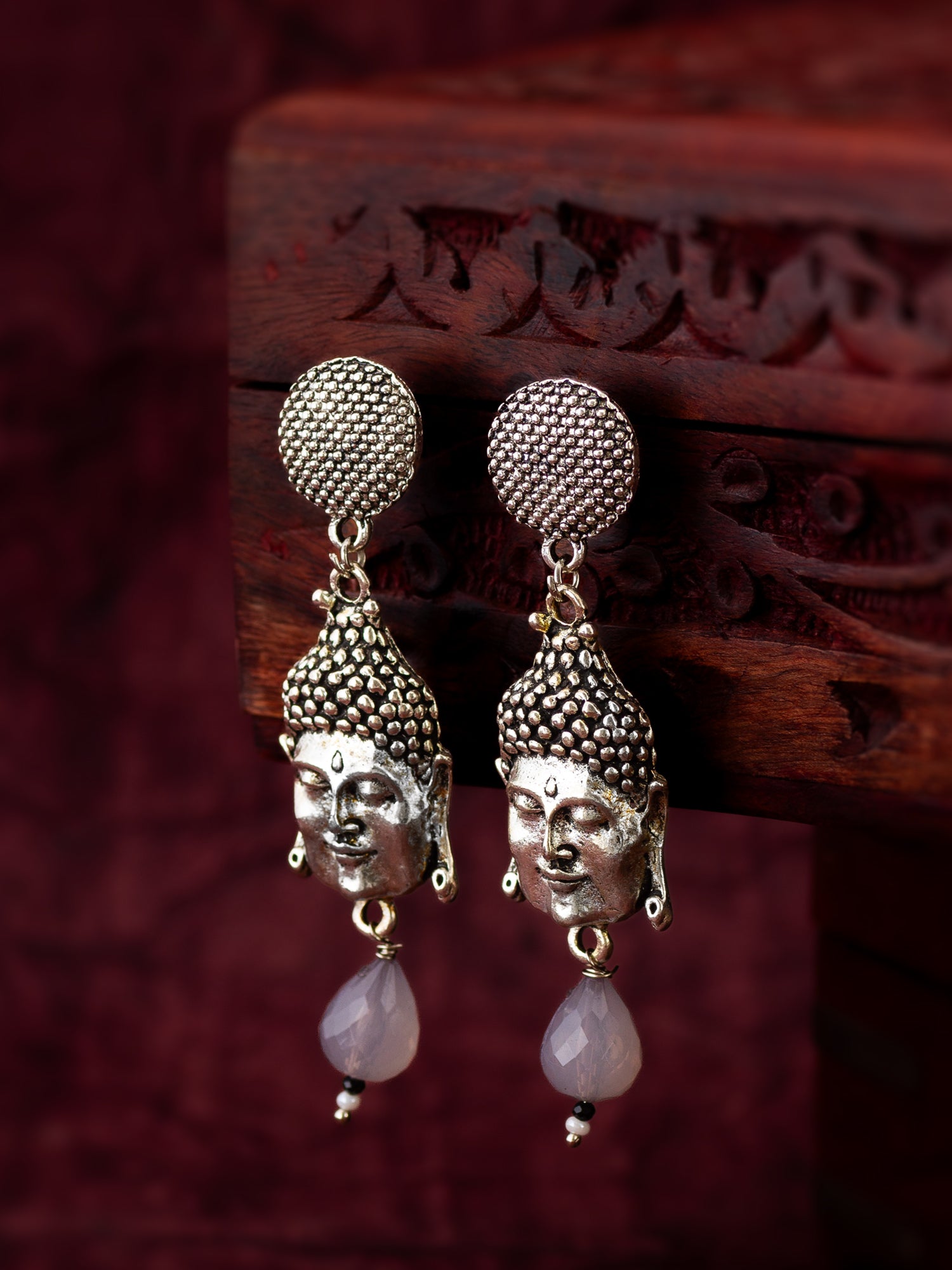 Oxidized Silver Buddha Face Drop Earrings with Grey Stone Pendant – View 4 | Aadita Jewelry
