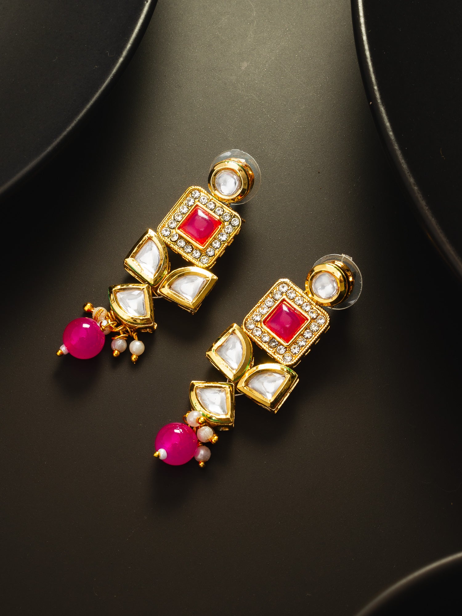 Geometric Gold-Plated Kundan Long Drop Earrings with Pink Accents and Pearl Beads – View 4 | Aadita Jewelry