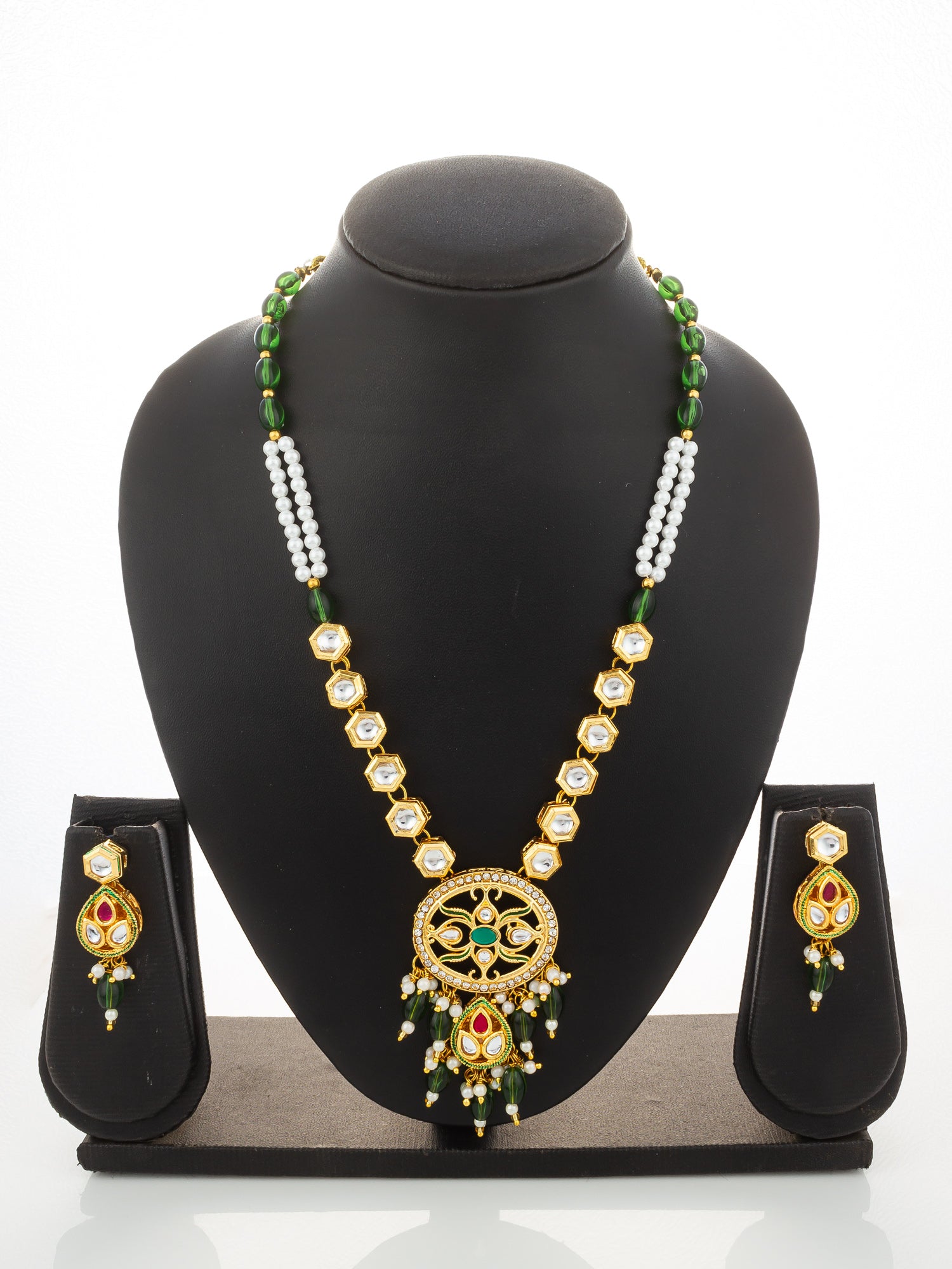 Aadita Green Meenakari Long Necklace Set with Oval Pendant and Teardrop Earrings – View 5 | Aadita Jewelry