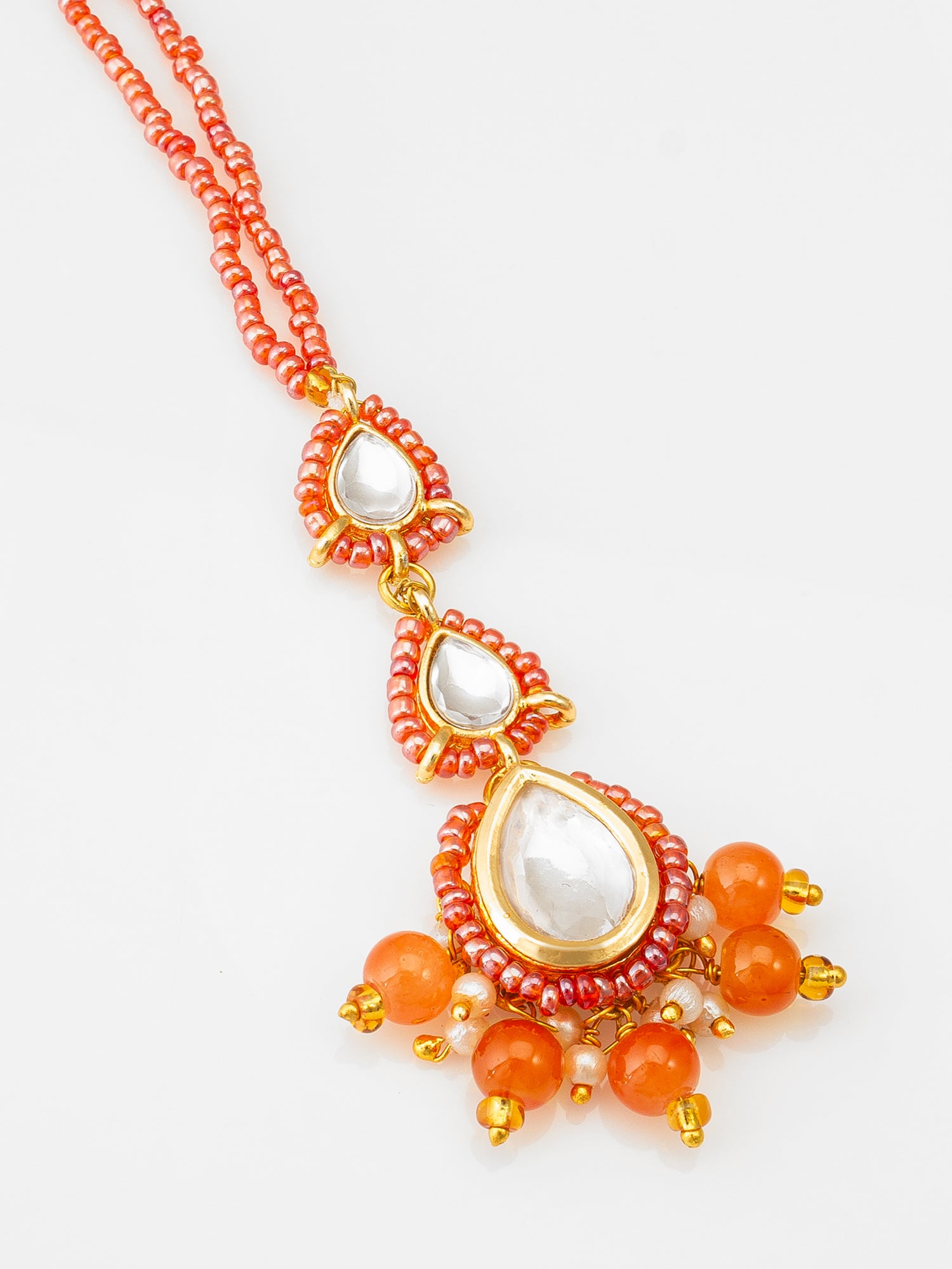 Gold Plated Kundan Pearl Maang Tikka with Orange Beads for Women & Girls – View 3 | Aadita Jewelry