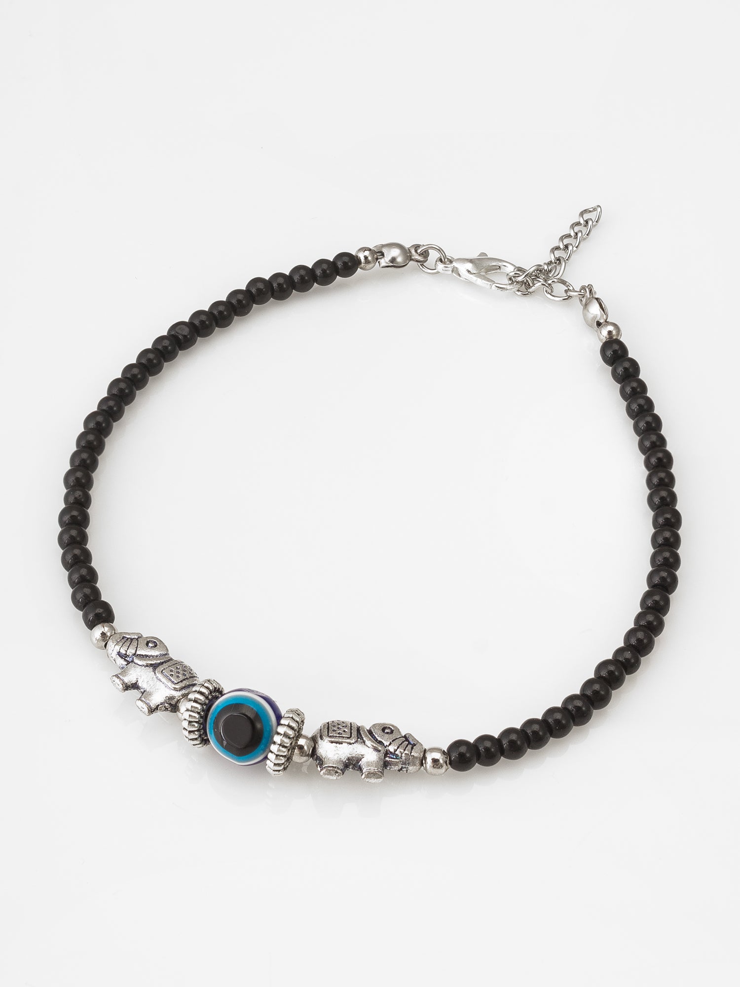 Black Bead Elephant Evil Eye Oxidized Single Anklet | Aadita Jewelry