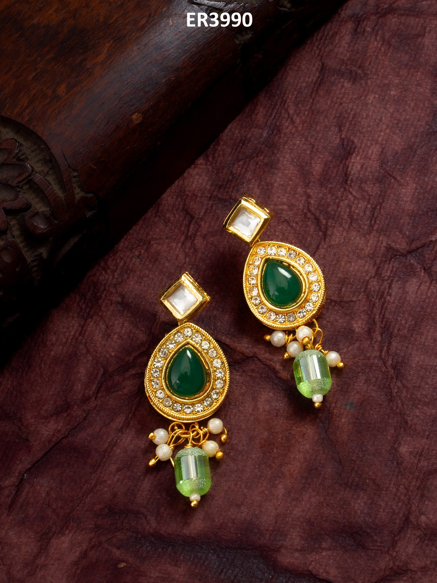 Gold-Plated AD Stone Earrings with Crystal Halo and Bead Drops – View 5 | Aadita Jewelry