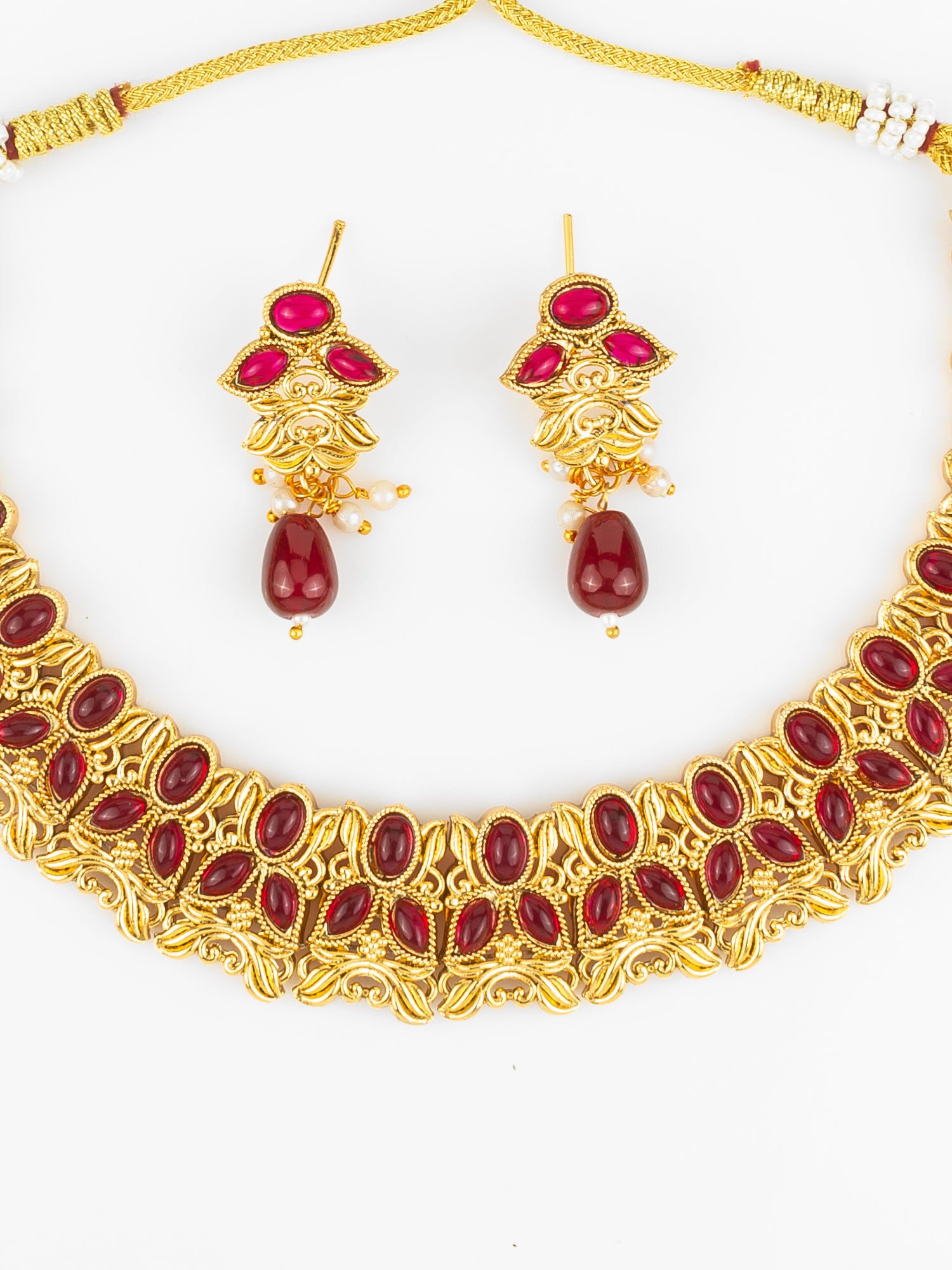 Gold Plated Maroon Oval Stone Designer Traditional Necklace Set for Women – View 4 | Aadita Jewelry