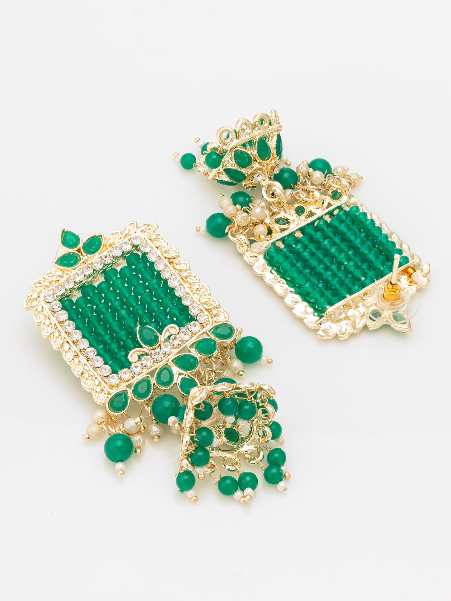 Aadita Gold Plated Green Stone Heavy Chandlier Jhumka Earrings – View 3 | Aadita Jewelry