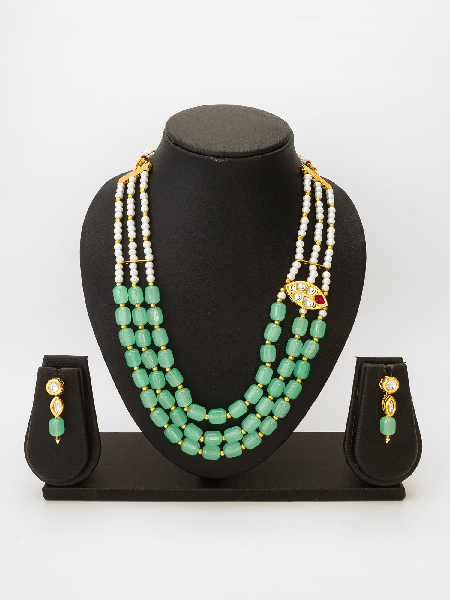 Mint Green Barrel Bead Multi-Strand Necklace Set with Kundan Pendant and Matching Earrings – View 4 | Aadita Jewelry