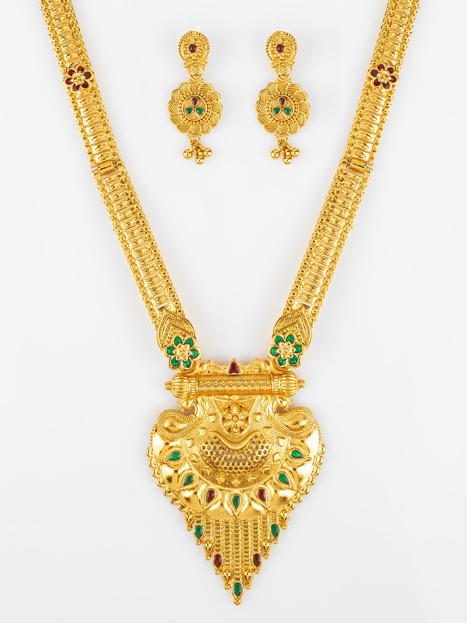 Gold Plated Traditional South Indian Long Necklace Set with Kemp Stones for Women – View 4 | Aadita Jewelry