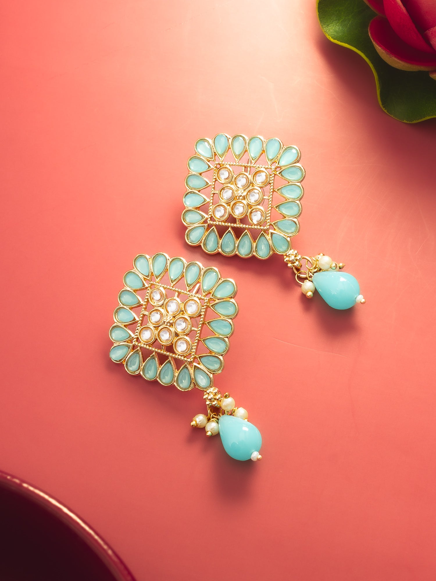 Aadita Gold Plated Mint Green Geometric Stud Drop Earrings – View 5 | Aadita Jewelry
