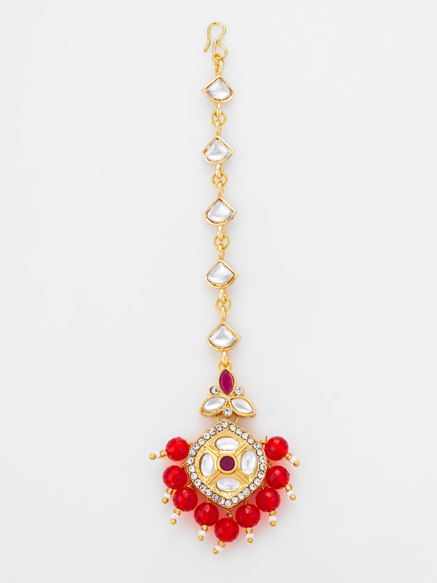 Aadita Gold Plated Half-Moon Kundan Chain Mangtika with Hexagonal Pendant and Red Bead Fringe | Aadita Jewelry