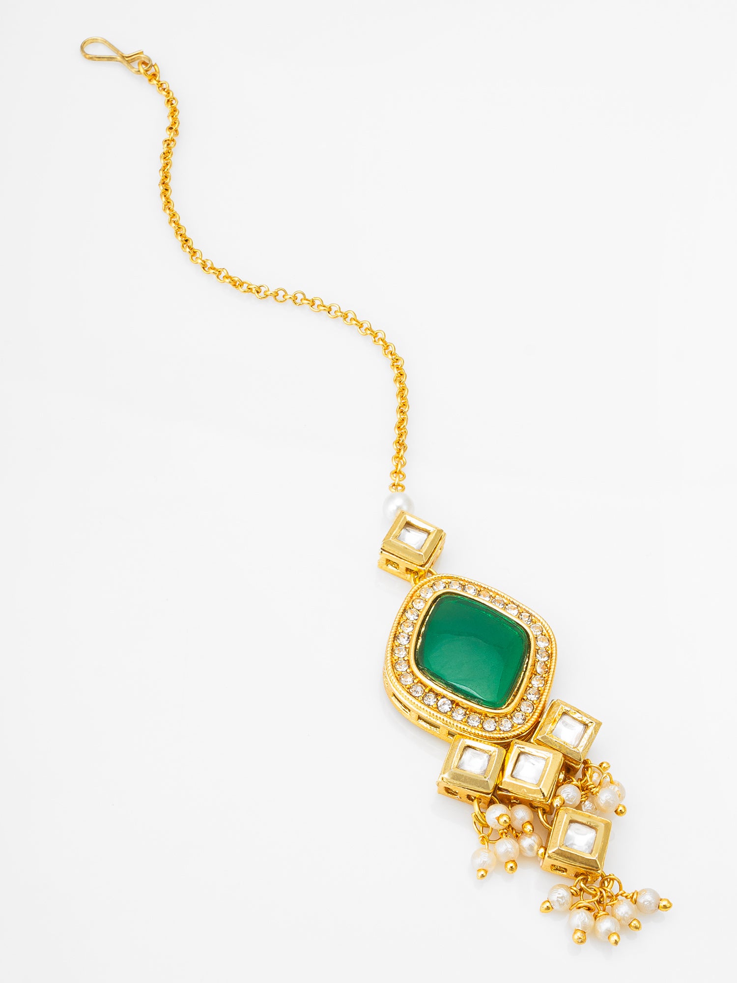 Gold-Plated Emerald Green Kundan Maang Tikka with Crystal and Pearl Drops | Aadita Jewelry