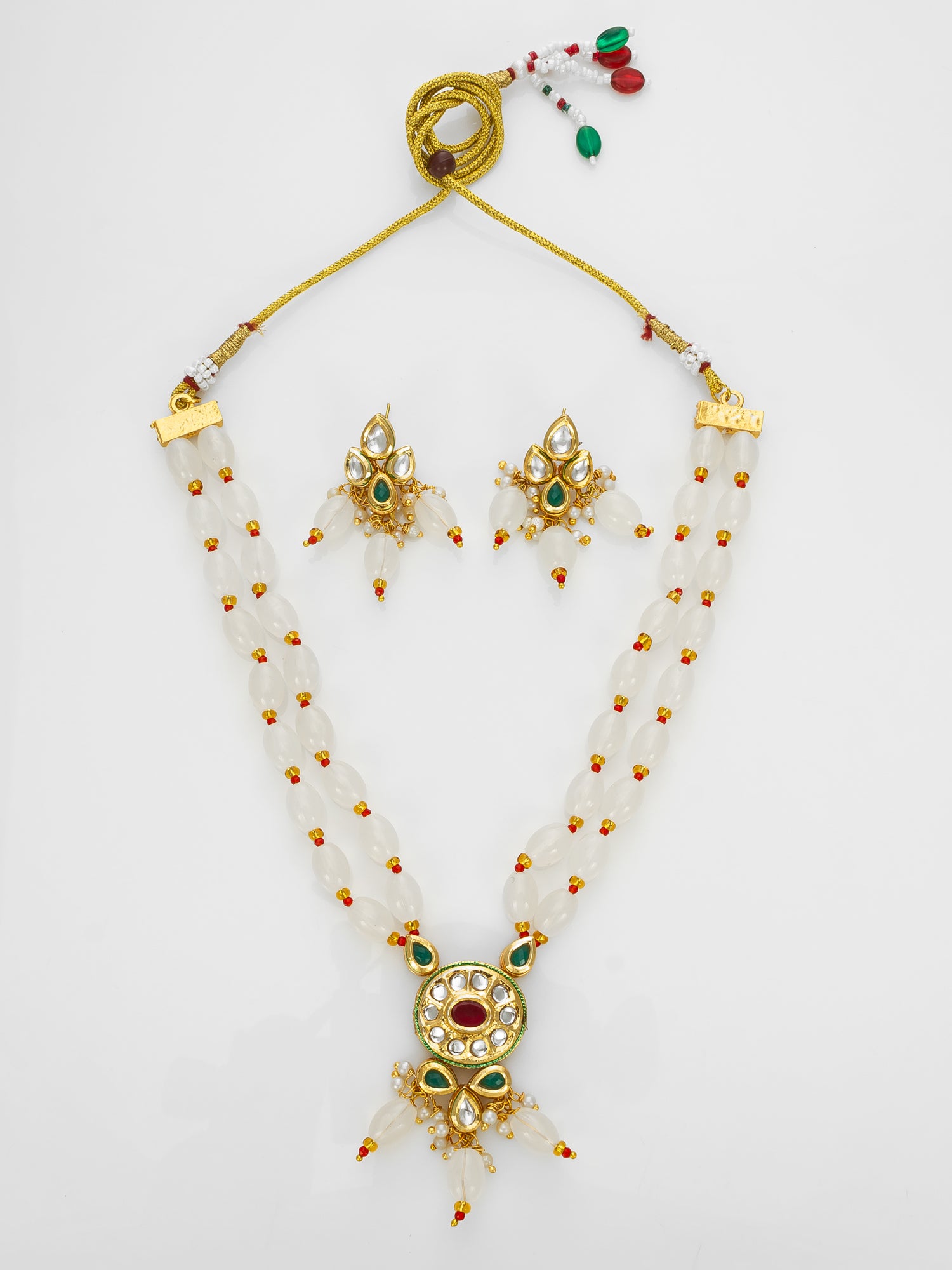 Gold Plated White Beads Kundan Necklace Set with Earrings | Aadita Jewelry