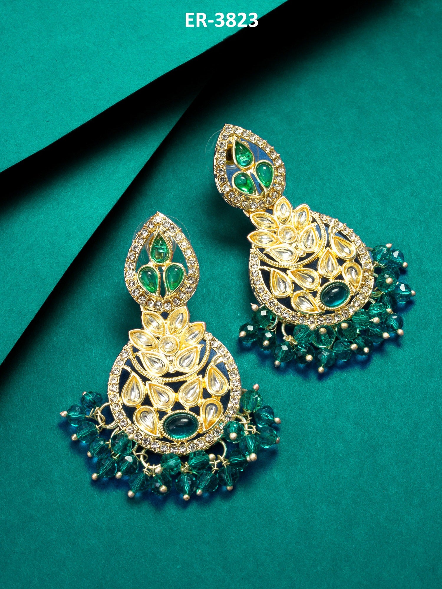 Green Kundan Floral Drop Earrings – View 5 | Aadita Jewelry