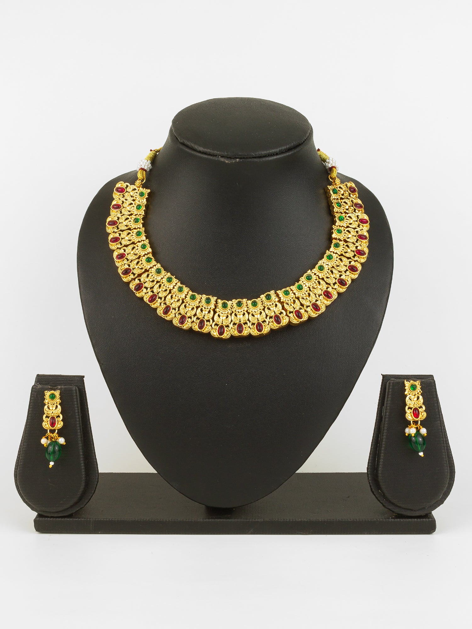 Gold Plated Red & Green Temple-Inspired Necklace Set with Drop Earrings – View 5 | Aadita Jewelry