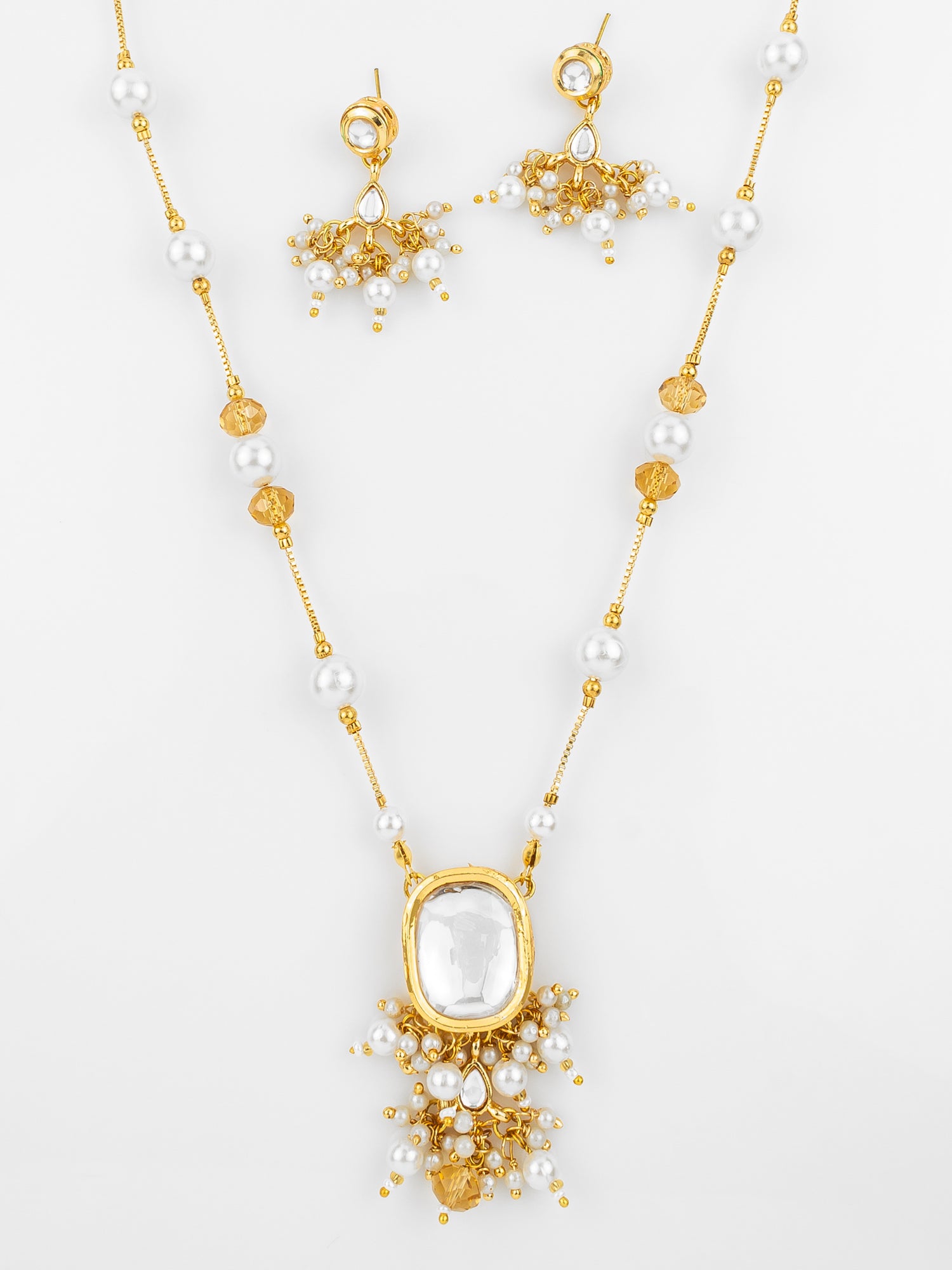 Gold Plated Pearl Kundan Necklace Set with White Marble Finish Stones – View 4 | Aadita Jewelry