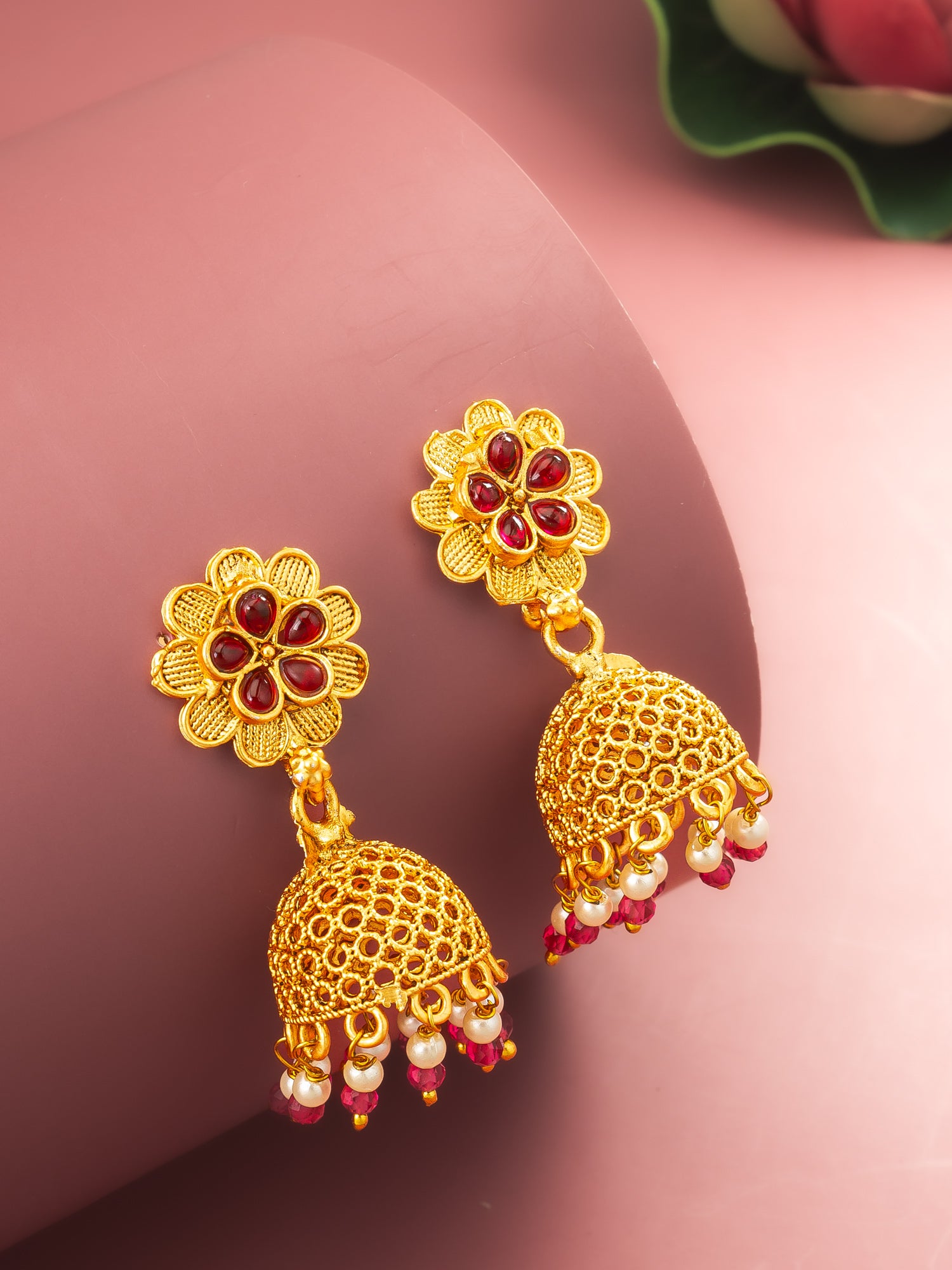 Aadita Gold Plated Floral Jhumka Earrings with Pink Stone Accents – View 5 | Aadita Jewelry