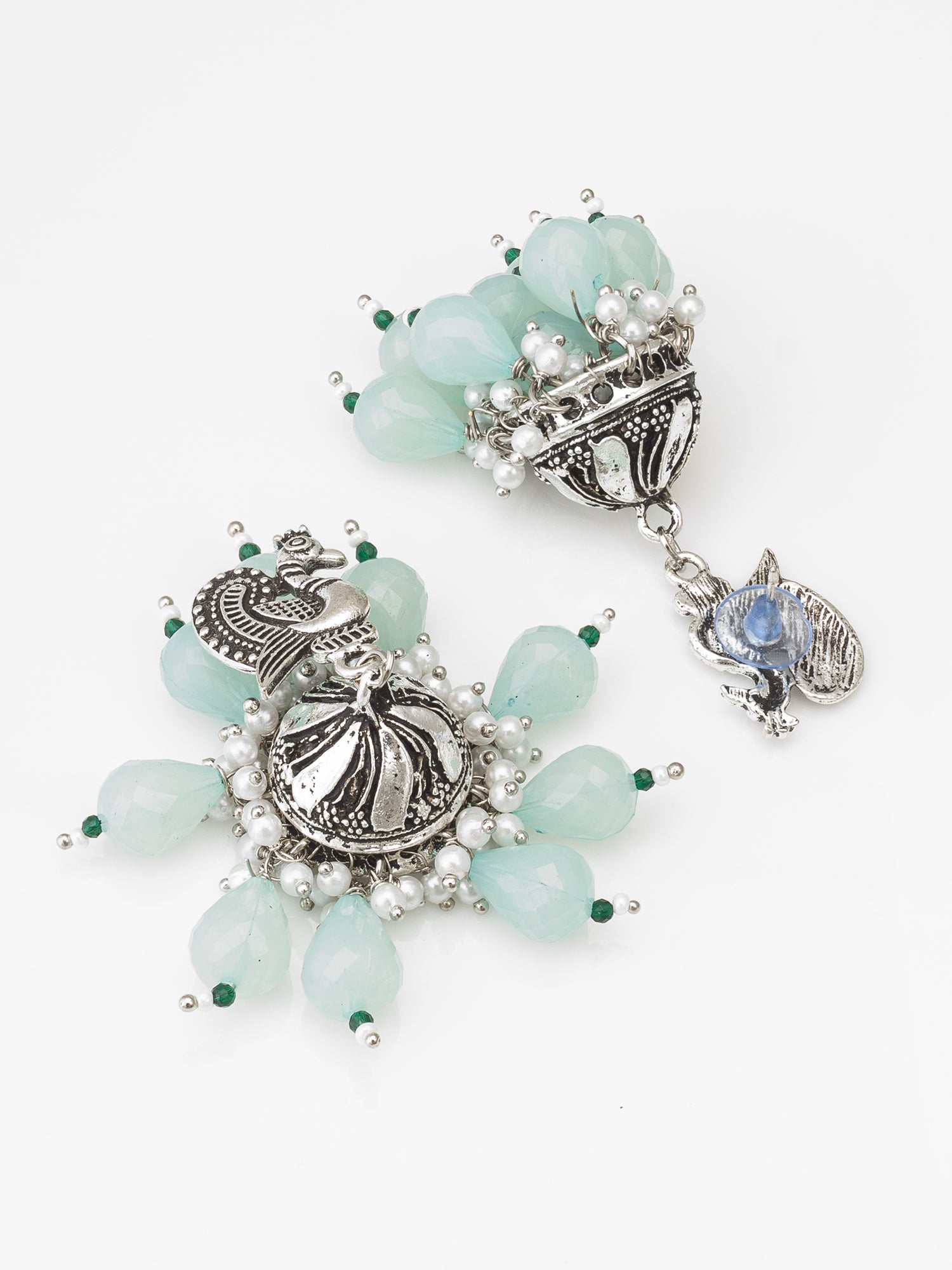 Oxidized Silver Peacock Jhumka Earrings with Mint Green Beads and Pearl – View 2 | Aadita Jewelry