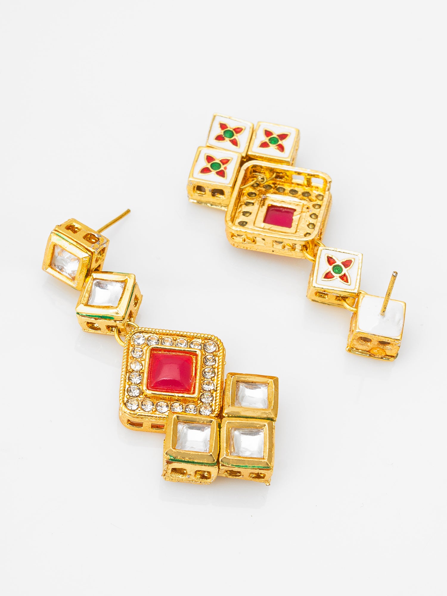 Gold-Plated Geometric Square Cascade Drop Earrings with Pink Stone – View 2 | Aadita Jewelry