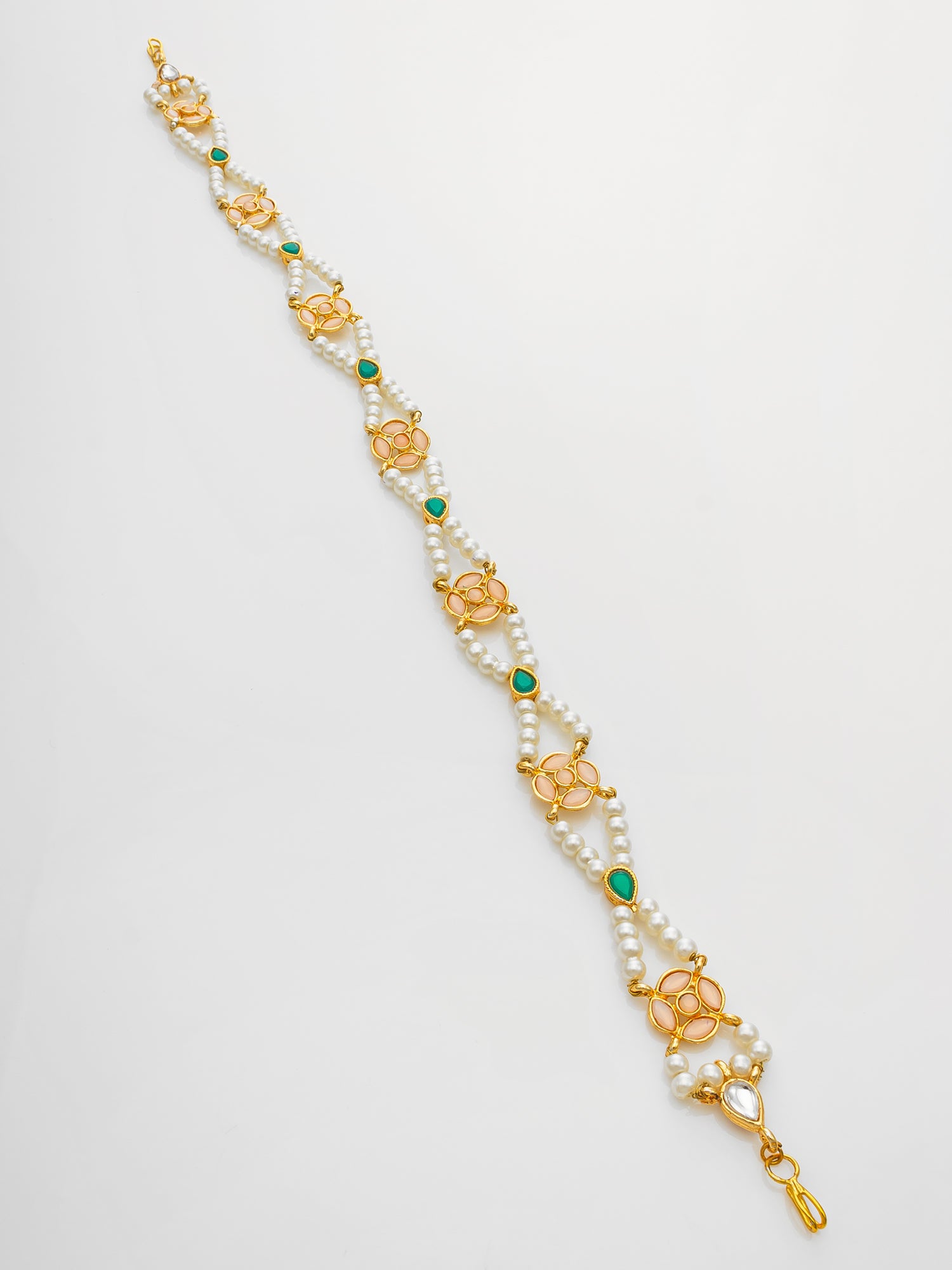 Gold Plated Green & Peach Pearls Kundan Matha Patti – View 2 | Aadita Jewelry