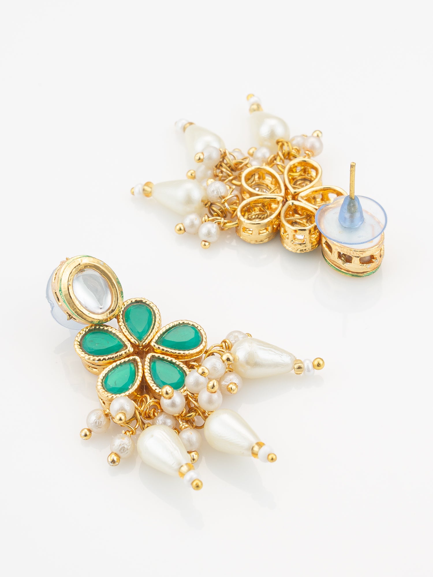 Gold Plated White & Green Kundan Pearl Traditional Necklace Set for Women – View 3 | Aadita Jewelry